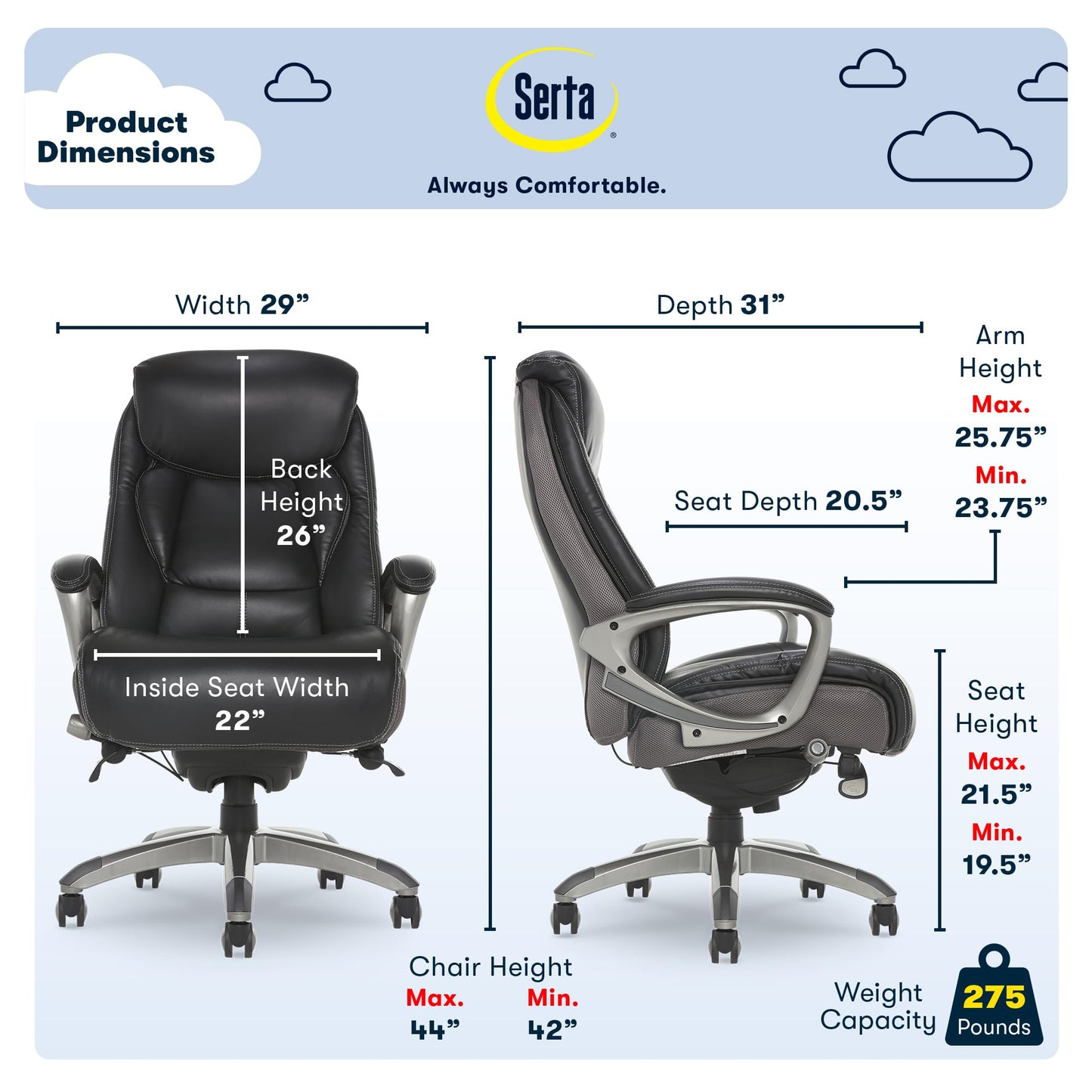 Serta Lautner Executive Home Office Desk Chair, Ergonomic High-Back with Adjustable Lumbar & Body Pillows, SmartLayers and ComfortCoils Technology, Mesh and Bonded Leather, Black/ Gray