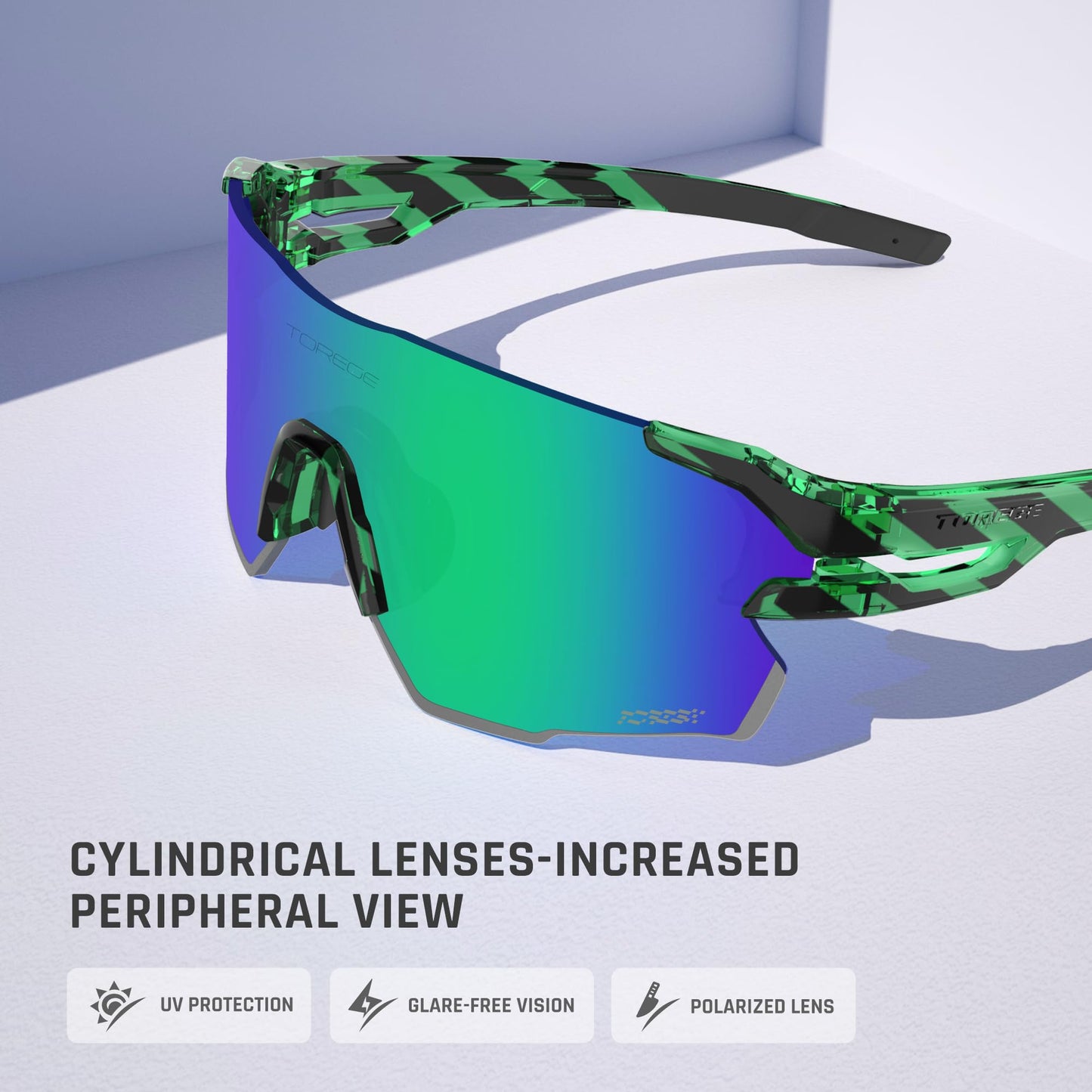 TOREGE Polarized Sports Sunglasses for Men and Women-UV Protection, Ideal for Cycling, Fishing, Baseball, Running, Golf Iceman (C11- Stripe Transparent Green &Green Lens)