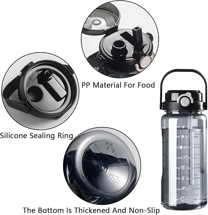 Plastic Water Bottle with Straw, 64 oz/2 L Large Water Bottle with Time Marker to Drink Leakproof Reusable Motivational Water Jug for Sports Gym Fitness Outdoor (Black)