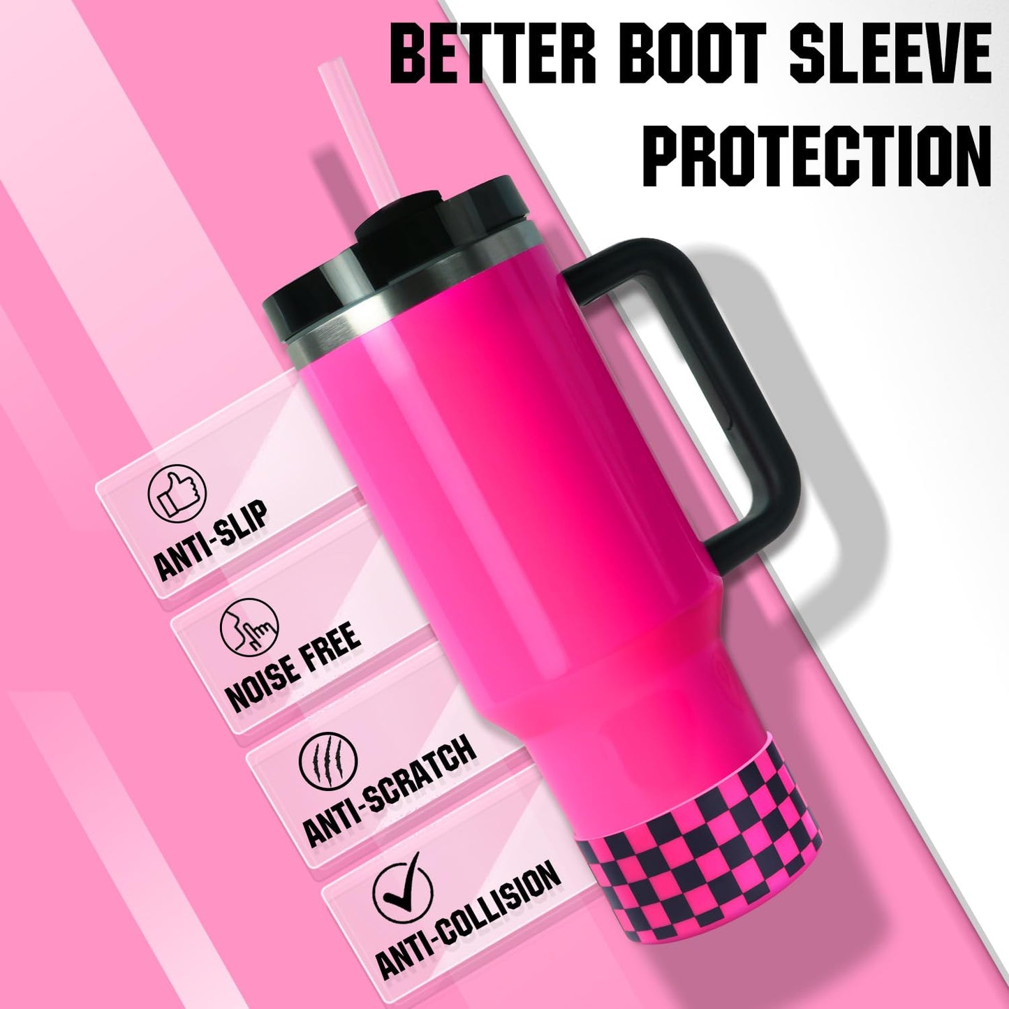 Neon Checkered Protective Silicone Boot for Stanley Tumbler 20-40oz, Made for Hydro Flask 12-24oz & Simple Modern 20-40oz, Antislip Sleeve for More Tumblers/Water Bottles of 2.8-3" Base, Electric Pink