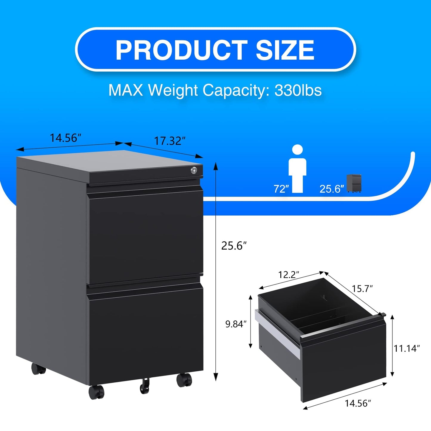 Aobabo 2 Drawer File Cabinet, Lockable Metal Filing Cabinet with Wheels for Home Office, Legal/Letter Size, Fully Assembled Except Wheels, Black