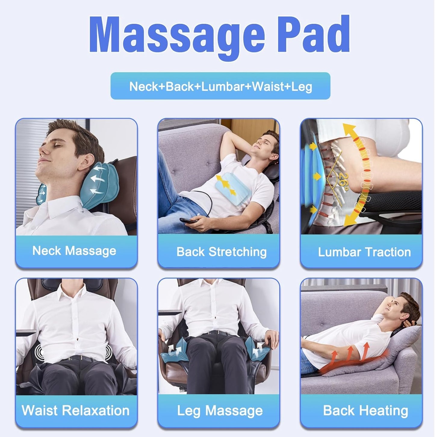 Back Massager with Heat & Traction & Vibration, Seat Massager Pad for Pain Relief Deep Tissue, Lumbar Traction, PU Leather, Foldable, for 5’ to 6’1”, Massage Chair Pad for Office Home