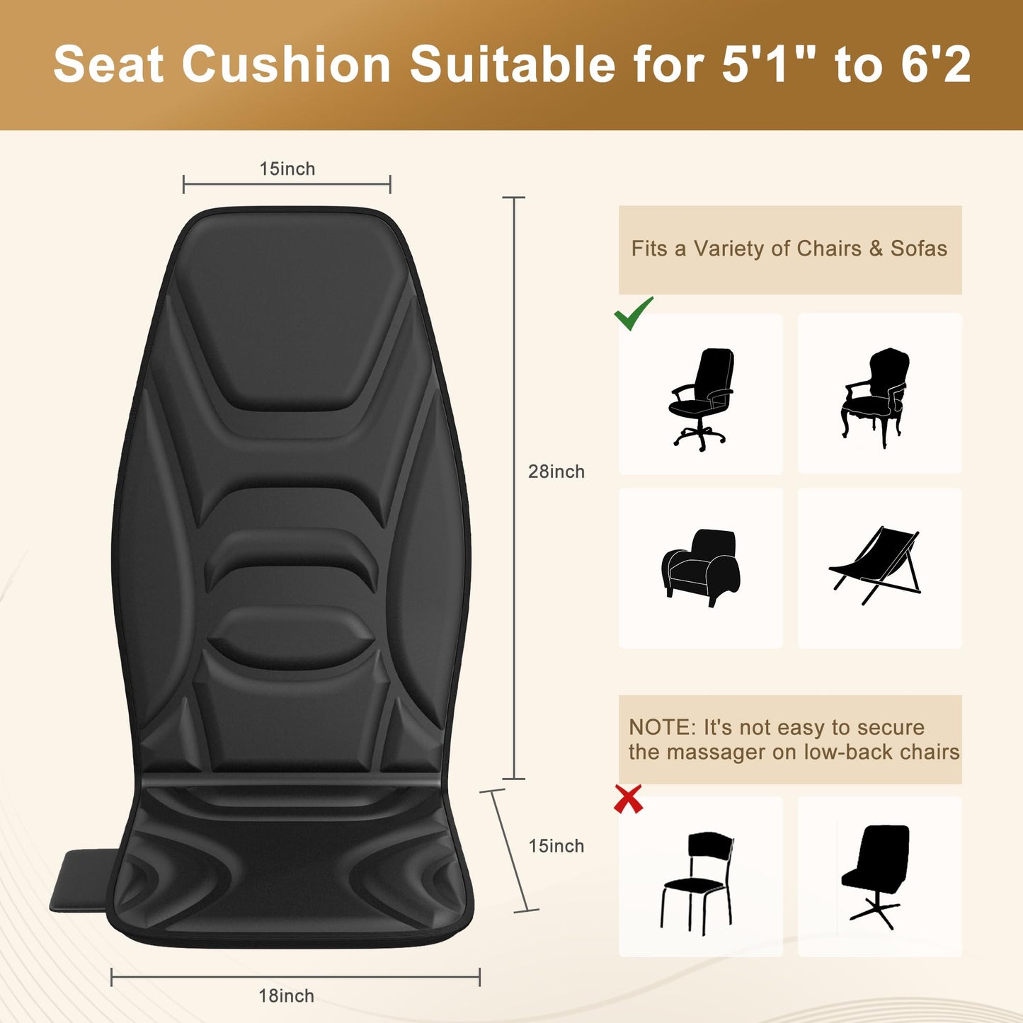 Back Massage Chair Pad with Heat, Back Massager for Back Pain Relief, Portable Massage Chair Cushion for Home Office, Best Gifts for Dad & Mom