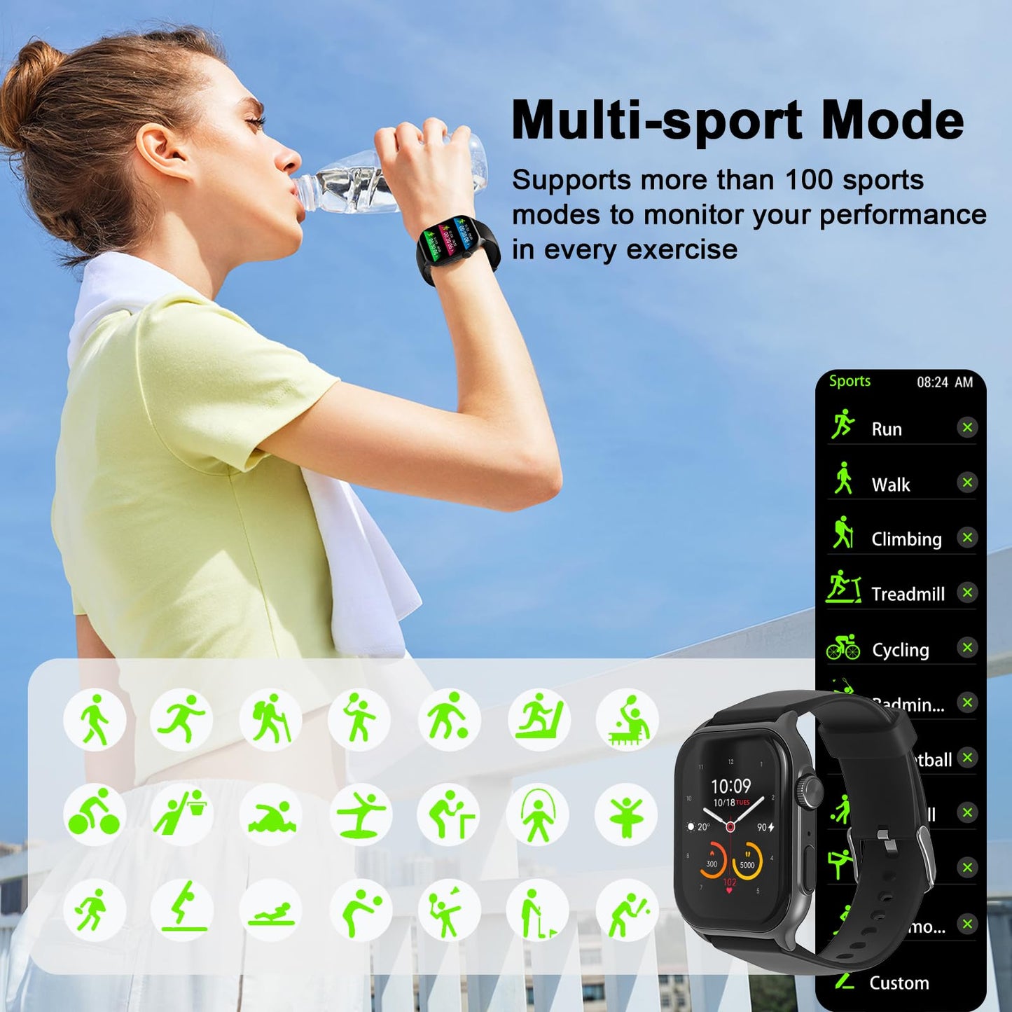 AOC E07 Smartwatch 1.96 Amoled HD Touchscreen, Bluetooth Call, AI Voice Assistant, Heart Rate & Sleep Tracking Monitor, Fitness Watch, IP67 Waterproof 100+ Sports Modes for Men & Women Black