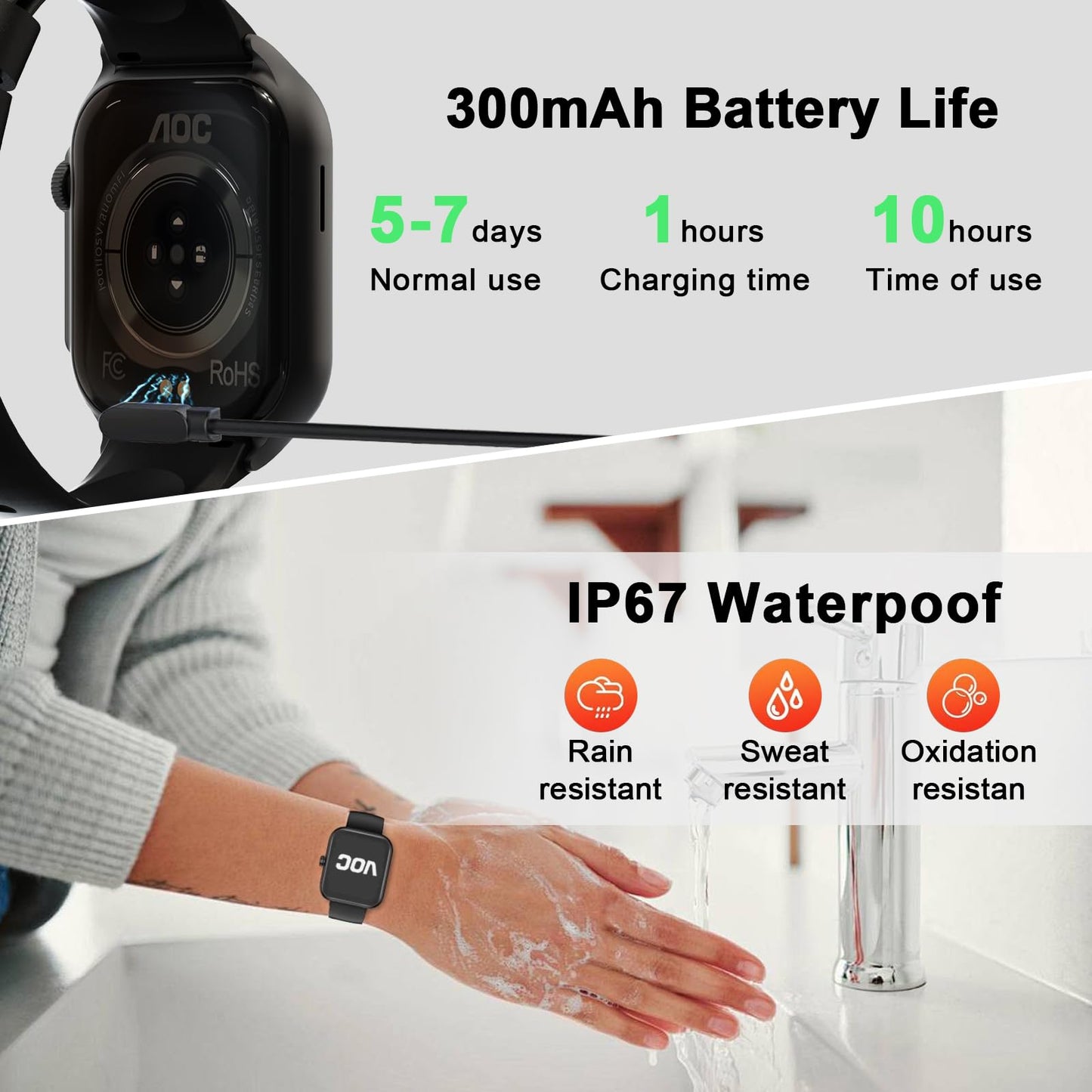AOC E07 Smartwatch 1.96 Amoled HD Touchscreen, Bluetooth Call, AI Voice Assistant, Heart Rate & Sleep Tracking Monitor, Fitness Watch, IP67 Waterproof 100+ Sports Modes for Men & Women Black