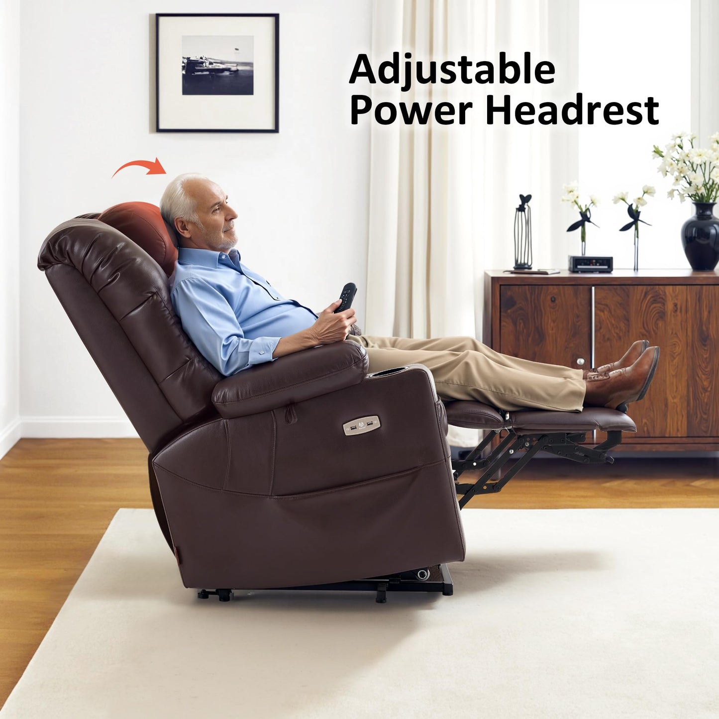 MCombo Large Triple Motor Power Lift Recliner Chair with Massage and Dual Heating, Adjustable Headrest for Tall Elderly People, Faux Leather 7634 (Dark Brown, Large)