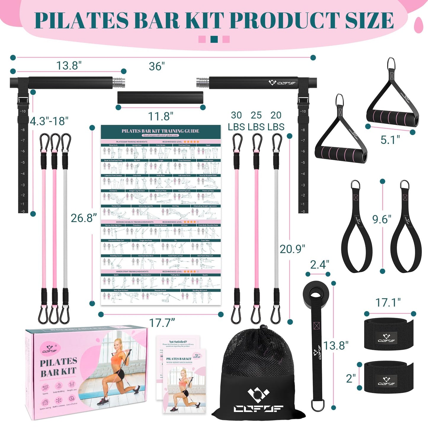 Pilates Bar Kit with Resistance Bands, Multifunctional Yoga Pilates Bar with Heavy-Duty Metal Adjustment Buckle, Portable Home Gym Pilates Resistance Bar for Full Body Workouts(20-150LBS)- Jet Black