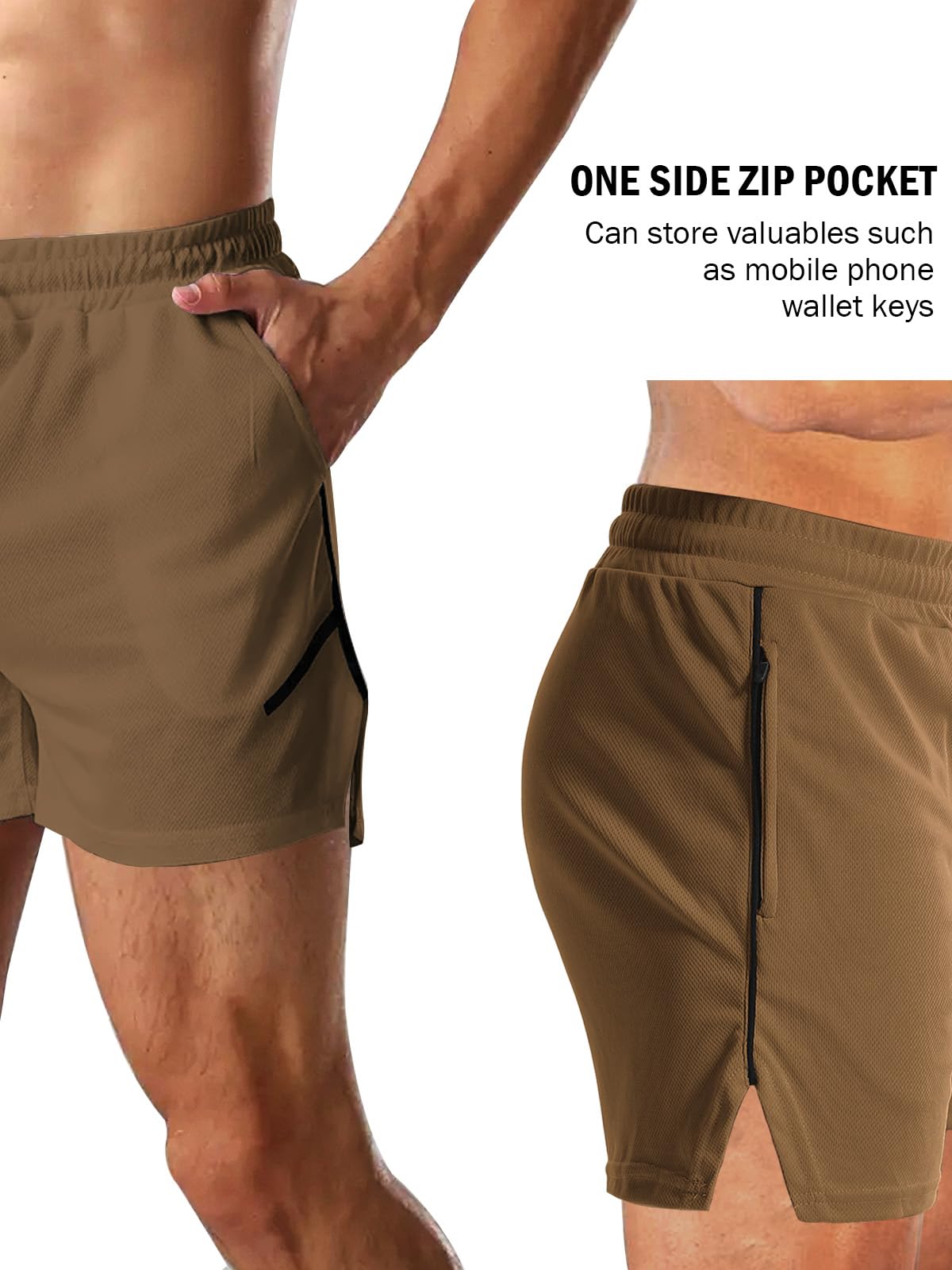 Aolesy Mens Workout Shorts with Zipper Pocket 5 Inch Lightweight Gym Running Shorts Linerless Bodybuilding Training Athletic Shorts Khaki