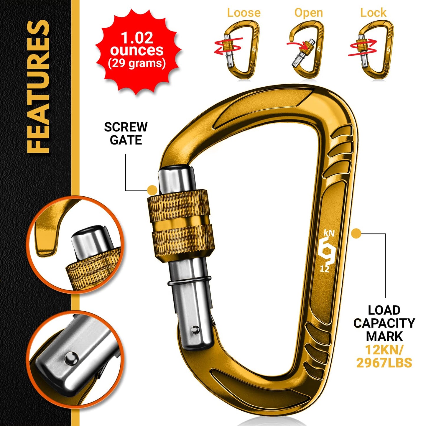 Rhino Produxs 2PCS of 12kN (2697 lbs) Heavy Duty Locking Carabiner Clips - Excellent for Securing Pets, Outdoor, Camping, Hiking, Hammock, Dog Leash Harness, Keychains, Water Bottle