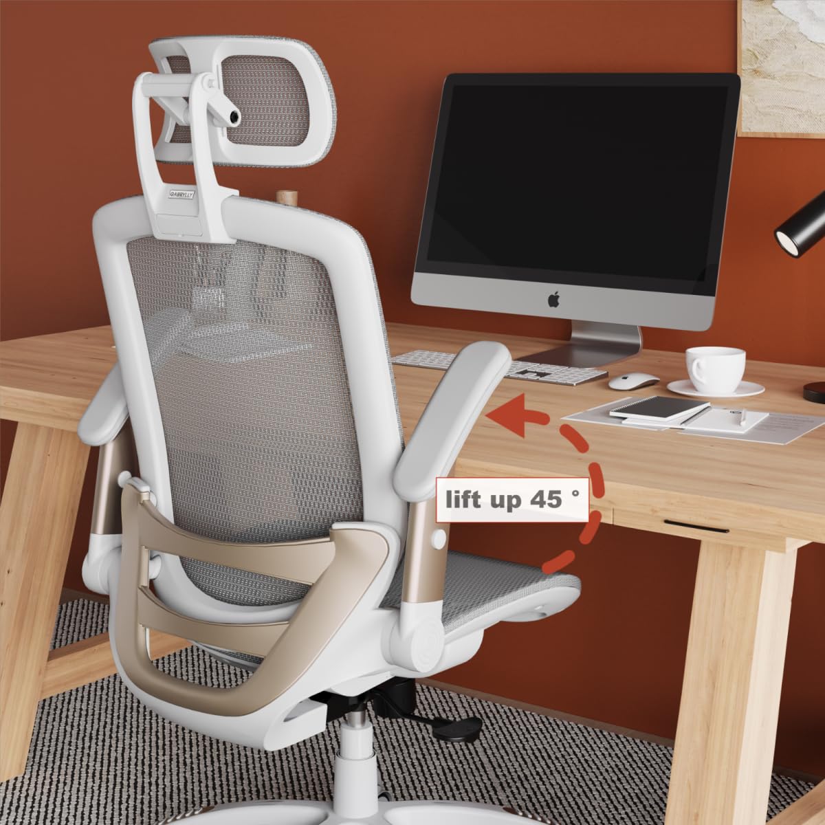 GABRYLLY Ergonomic Office Chair, High Back Home Desk Chair with Headrest, Flip-Up Arms, 90-120° Tilt Lock and Wide Cushion, Big and Tall Mesh Chairs for Man Woman, White Task Chair