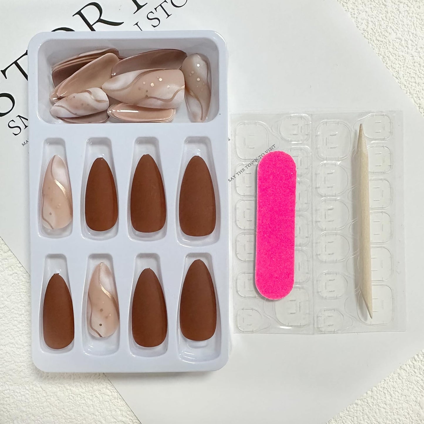 Almond Press on Nails Medium Fake Nails with Designs Marble Texture False Nails Press ons Reddish Brown Matte Glue on Nails Acrylic Full Cover Nails Cute Artificial Stick on Nails for Women 24PCS