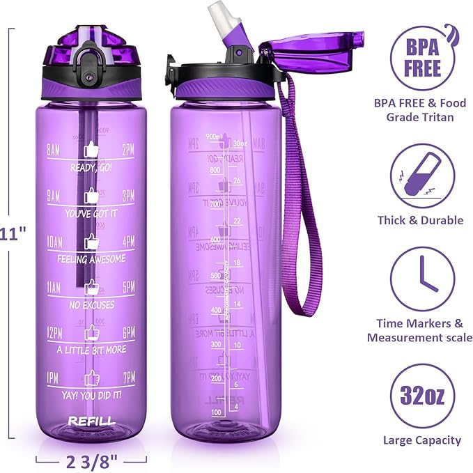 Fimibuke 32 oz Water Bottle with Sleeve - BPA Free Leakproof Sport Large 1L Plastic Motivational Water Bottle with Straw Strap & Insulated Neoprene Holder Carrier Bag Great Xmas Gift for Women Men