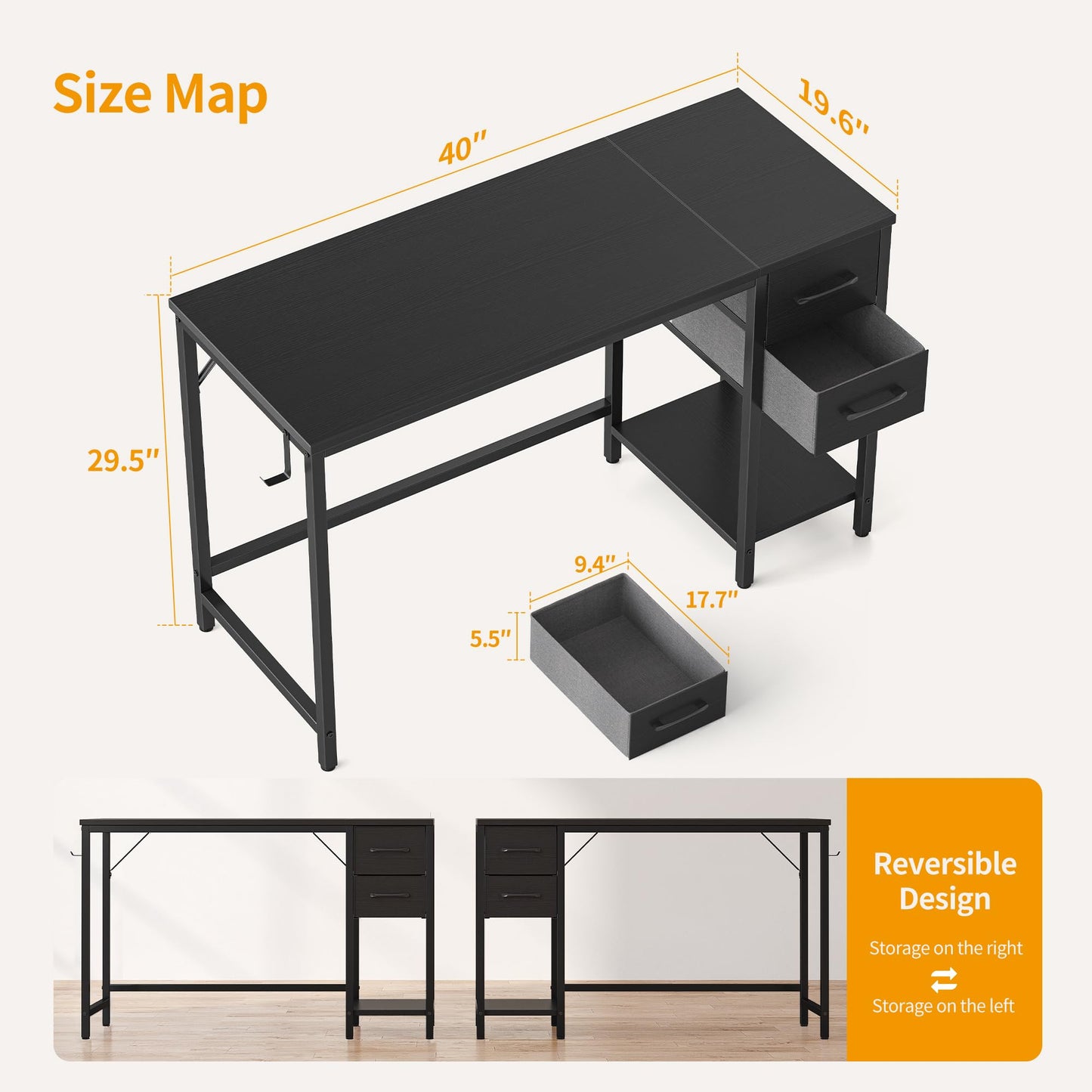 Cubiker Computer Home Office Desk with Drawers, 40 Inch Small Desk Study Writing Table, Modern Simple PC Desk, Modern Black