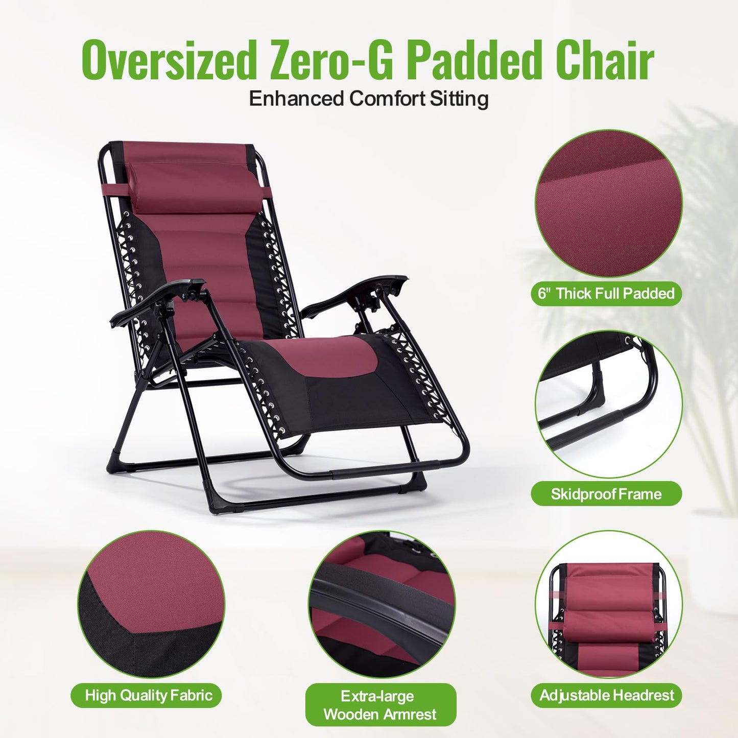 Backyard Expressions Deluxe XL Padded Recliner Chair – Ergonomic Anti-Gravity Lounger with Folding Design, Side Tray, and Adjustable Headrest