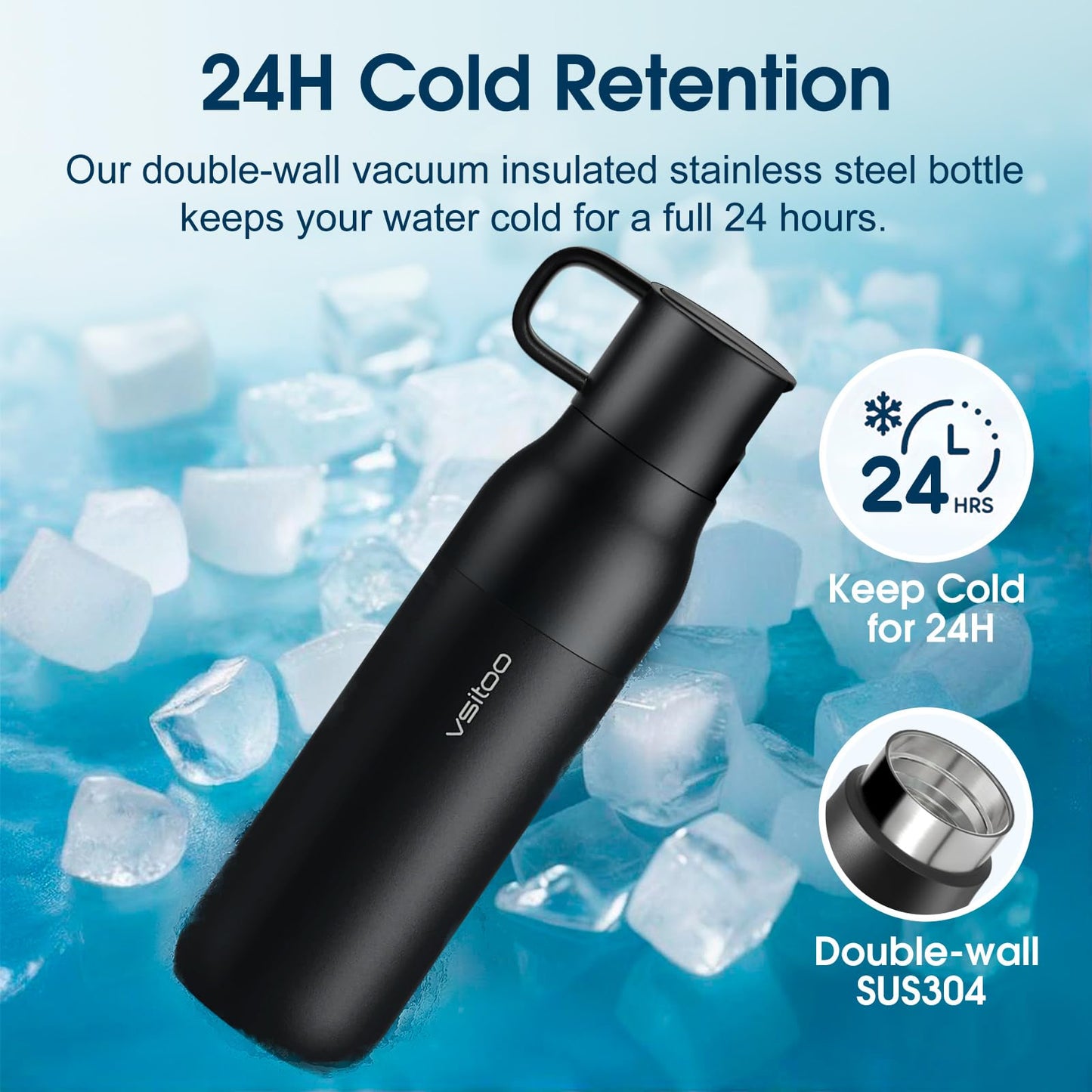 VSITOO 25 oz Water Purifier Bottle–Stainless Steel, Carbon Fiber Filter, Double-Wall Insulated, BPA-Free, Ideal for Hiking, Cycling, Gym & Outdoor Use–Life Straw Compatible, Black