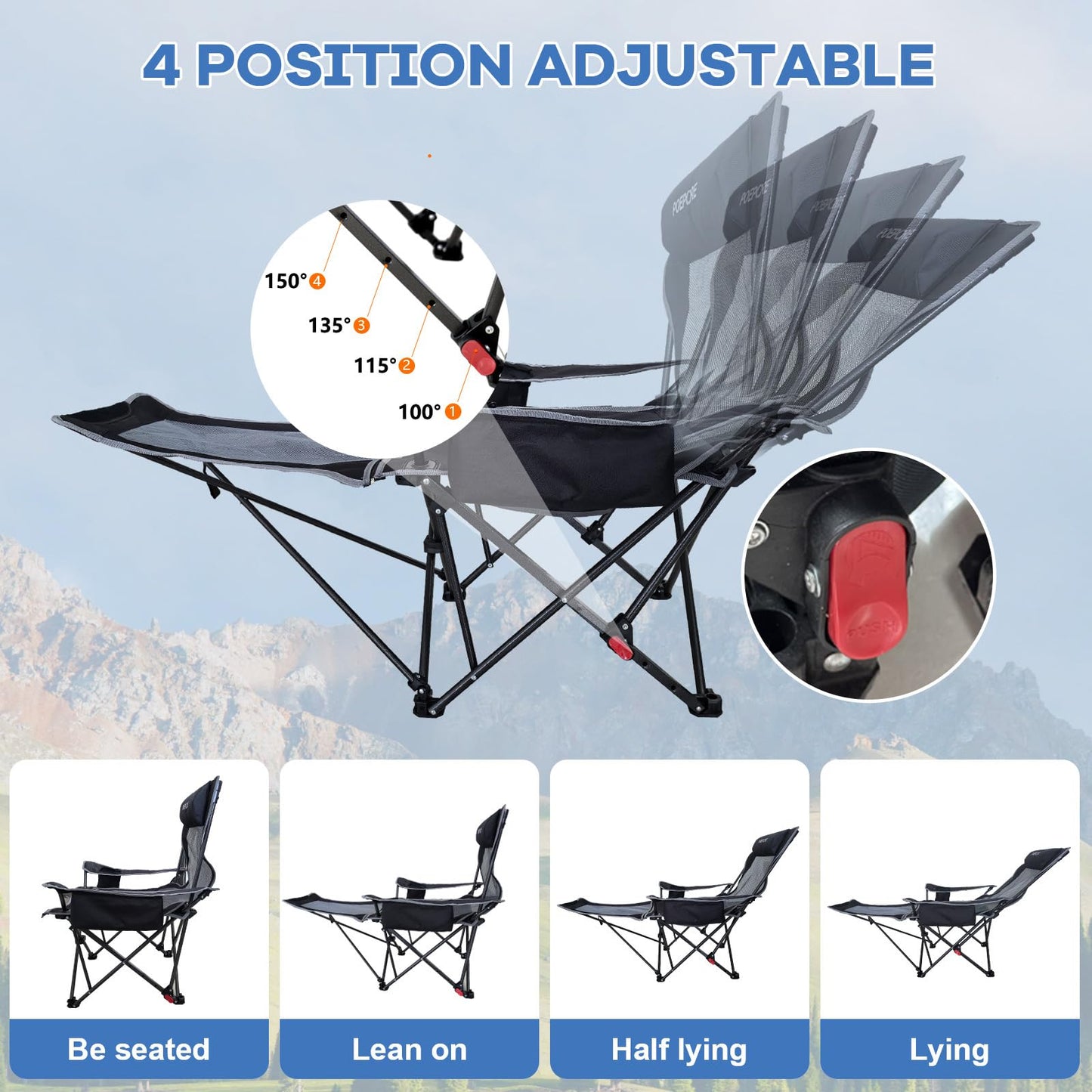 POEPORE 2-Pack Reclining Camping Chair 4 Position with Foot Rest Comfortable for Adults 265Ibs Folding Lounger Mesh Beach Chair with Cooler Bag and Cup Holder for Outdoor Patio