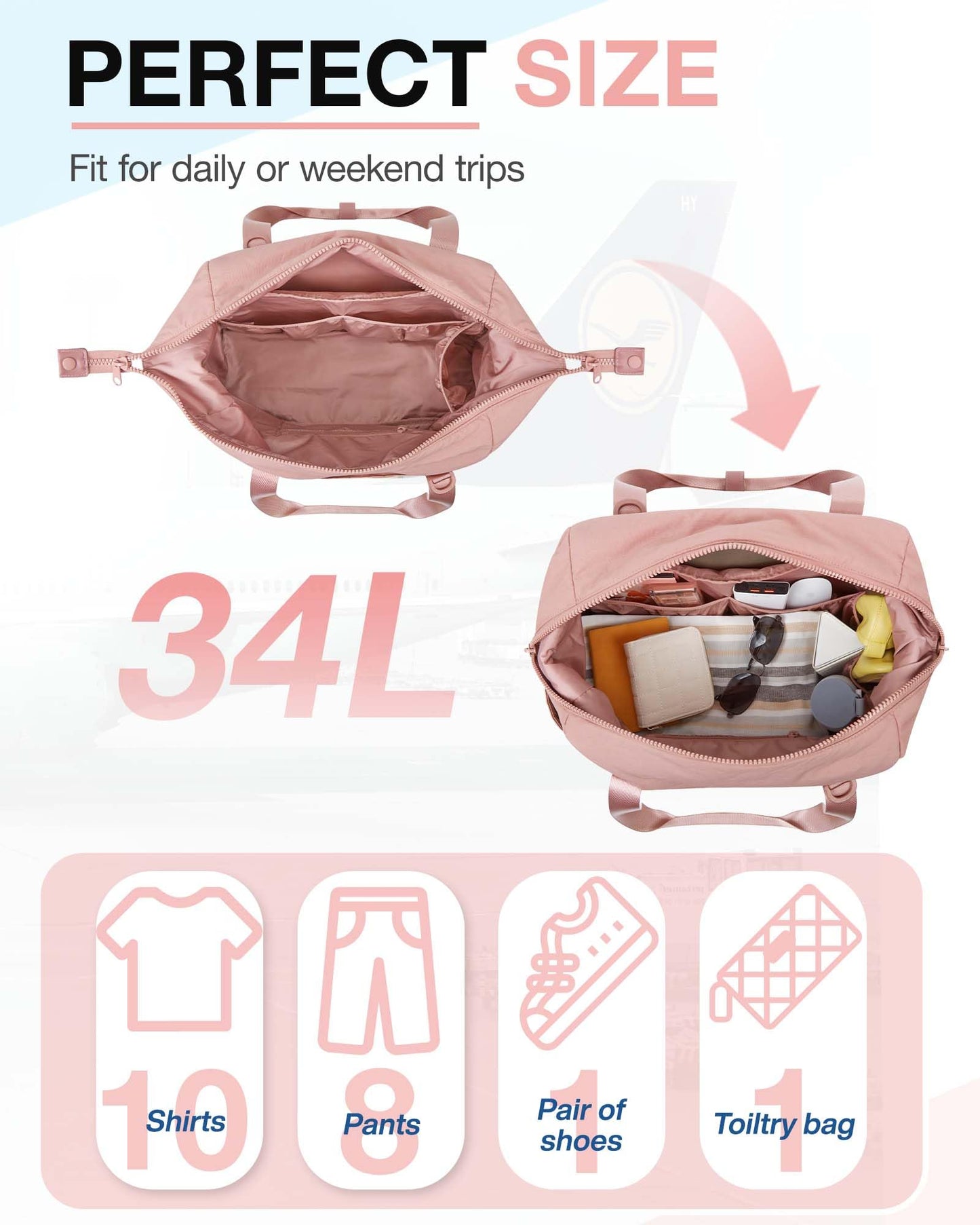 BAGSMART BAGSMART Gym Bag for Women, Carry on Weekender Overnight Bag, Travel Duffel Bags with Trolley Sleeve, Personal Item Travel Bag Tote Bag Workout Dance Bag, Dark Pink-34L