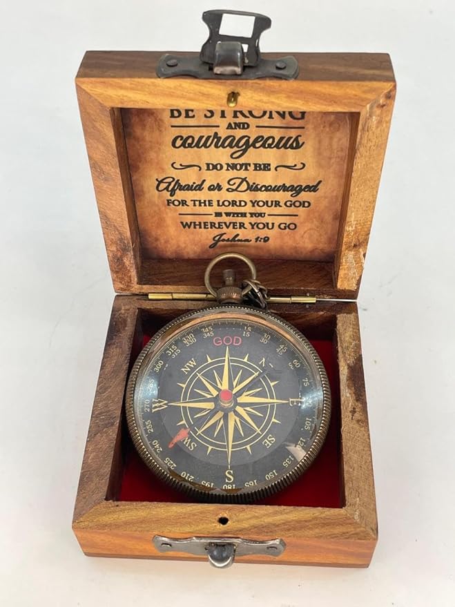 Antique Brass Compass Gift, Pocket Sundial Compass with Engraved Quote Be Strong and Courageous Perfect Compass Gifts for Men, Vintage Nautical Compass