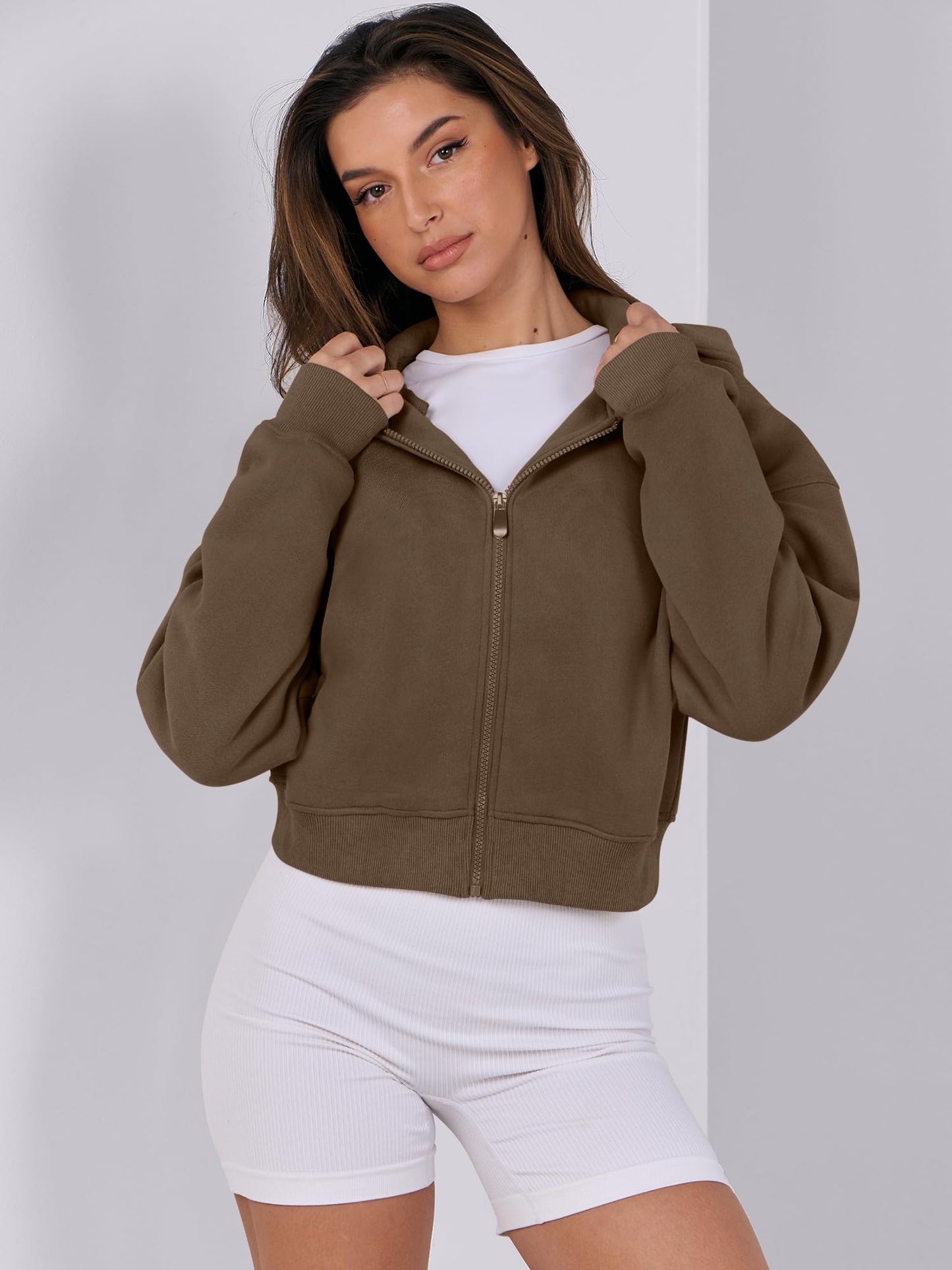 ANRABESS Womens Zip Up Crop Hoodie Sweatshirts 2024 Fall Trendy Long Sleeve Cropped Jacket Top Winter Teen Girls Clothes Dark Brown Medium