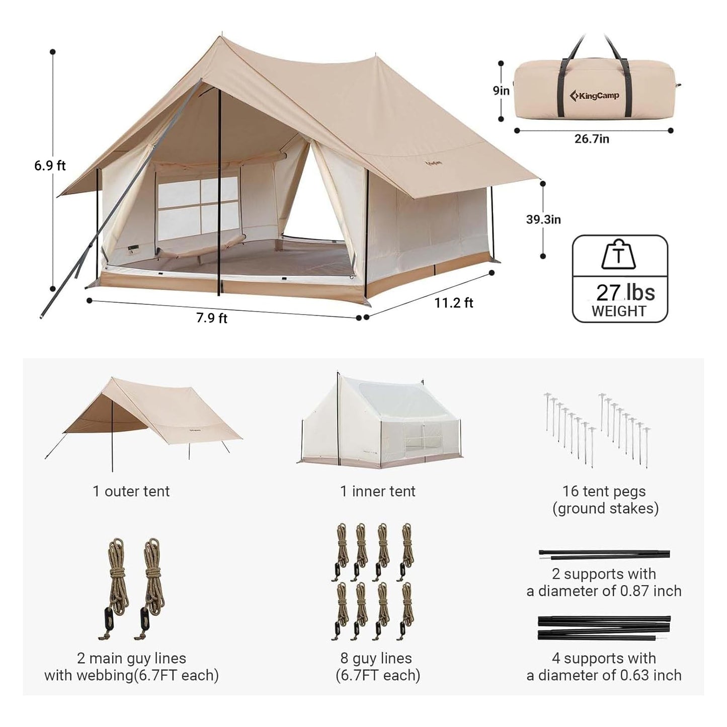 KingCamp 6-8 Person Canvas Tent for Camping Waterproof & Windproof Cabin Tents with Large Mesh Windows, Easy Setup, All Season Wall Tent for Family Camping, Hiking, and Outdoor Events