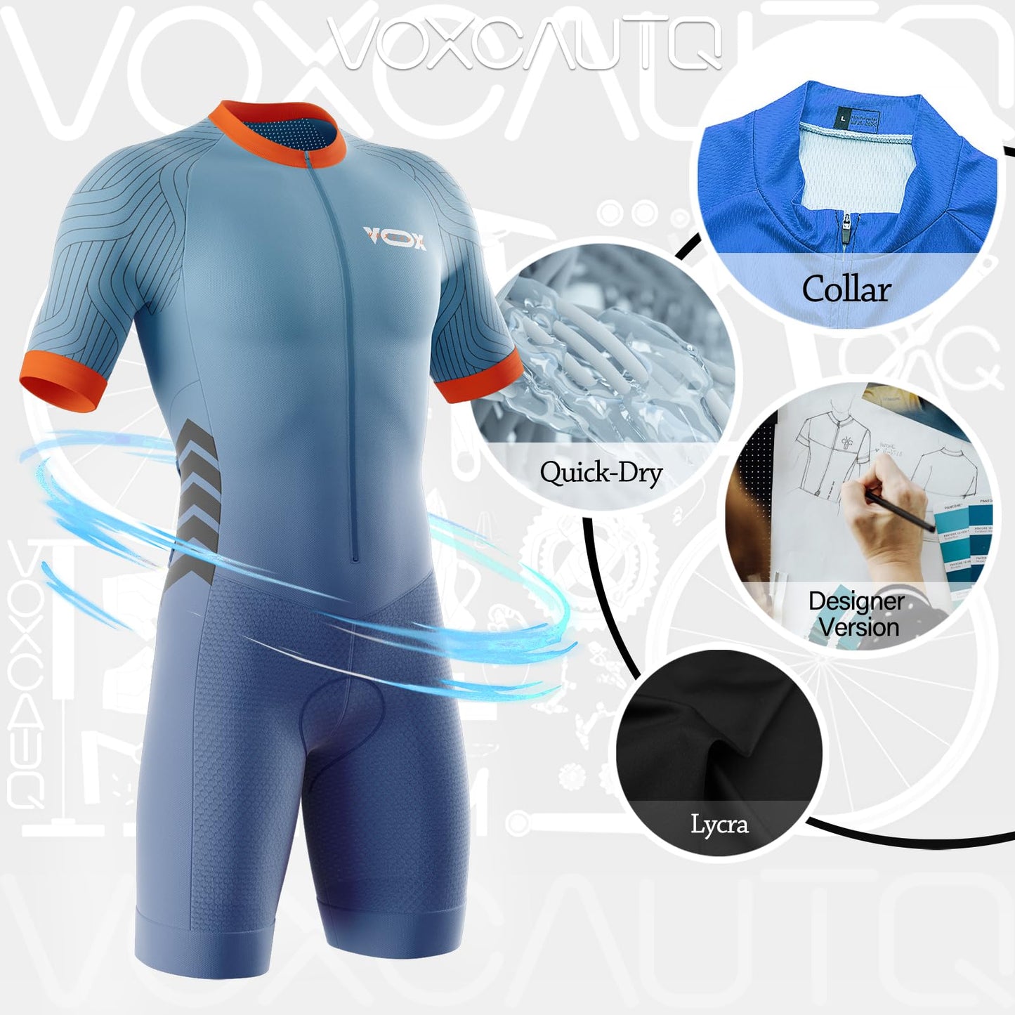 VOXCAUTQ Men's Cycling Skinsuit,Triathlon Suit Men,Trisuit for Swimming, Cycling, Running, Duathlon (Typ-7,L)
