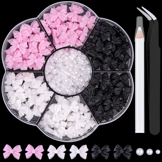 1 Box 3D Bow Nail Charms and Flatback Pearls Set 9, 120 Pcs Cute Bow Charms in 3 Colors for Nail Design + 2-4mm White Nail Pearls with Pickup Tweezer and Pencil for Nail Art Decoration