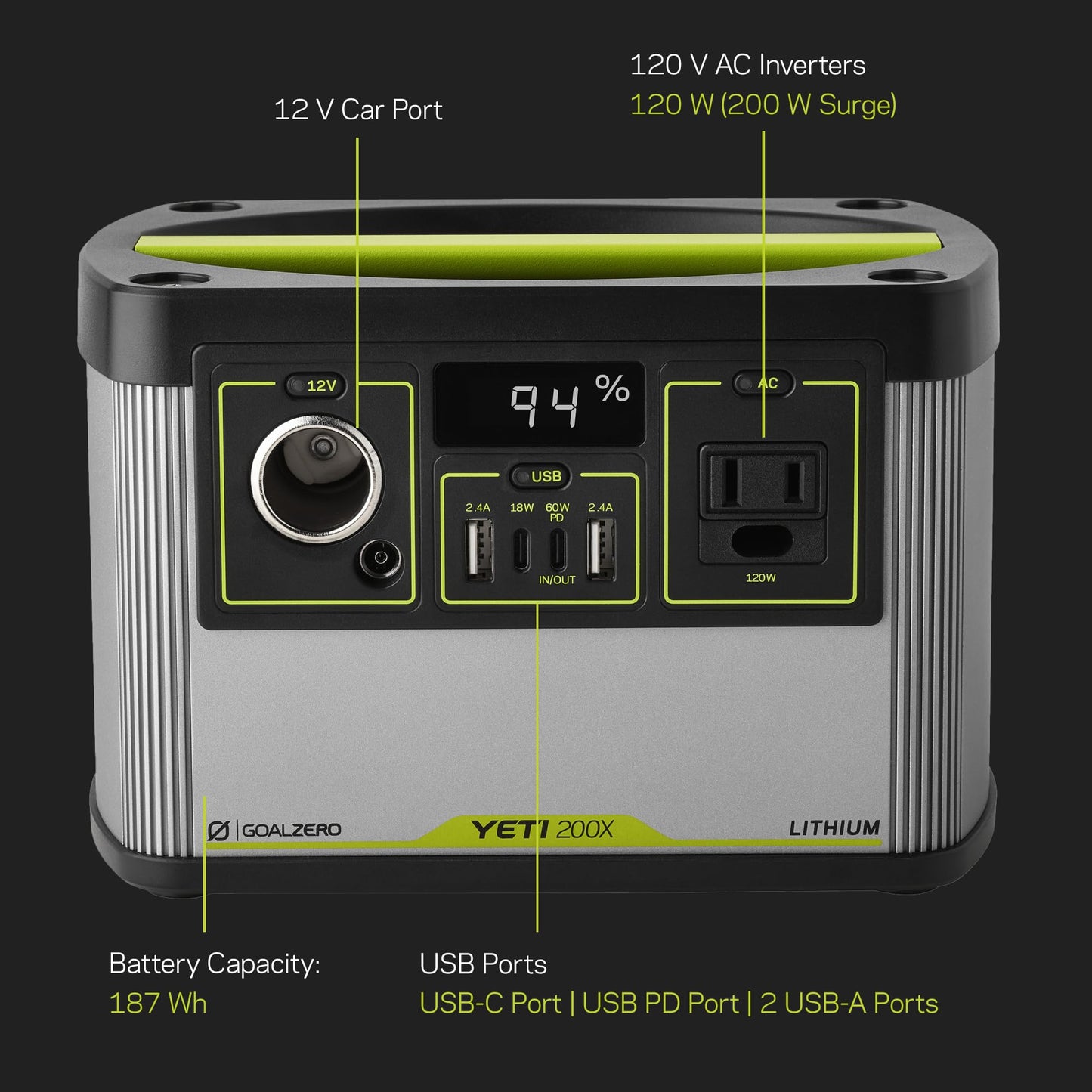 Goal Zero Yeti Portable Power Station - Yeti 200X w/ 187 Watt Hours Battery Capacity, USB Ports & AC Inverter - Solar Generator for Camping, Travel, Outdoor