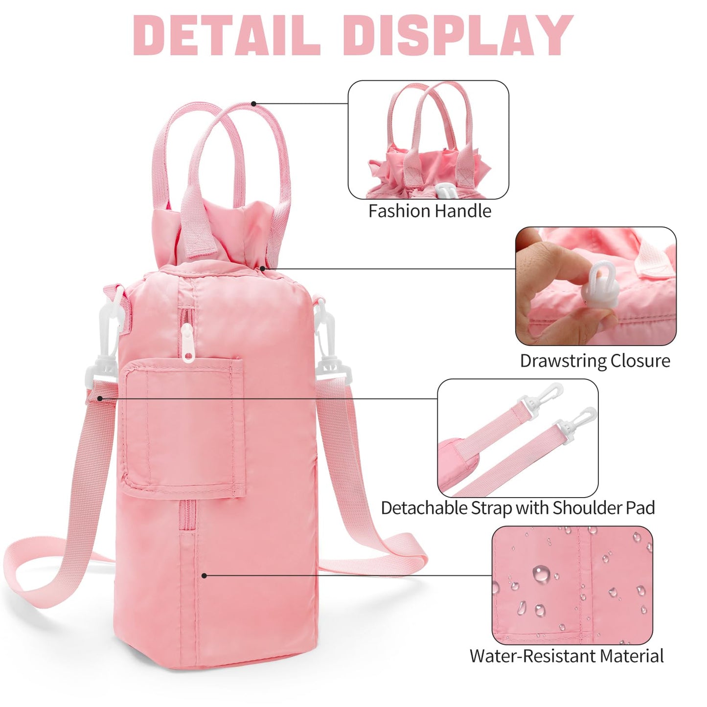 ECEEN Water Bottle Holder with Strap, Water Bottle Carrier Bag for Stanley 32oz/40 oz with Handle, Insulated Water Bottle Sling Bag for Walking with Phone Pouch, Water Bottle Purse Accessories (Pink)