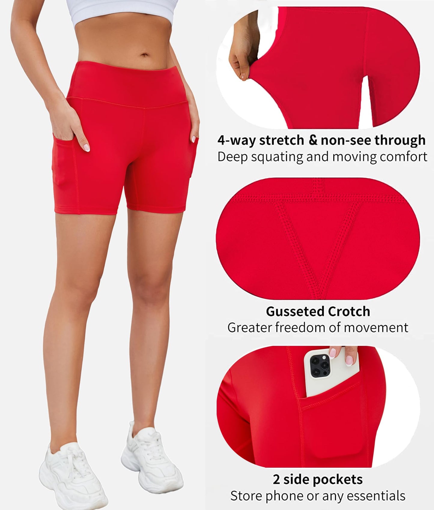 AHLW Buttery Soft Workout Biker Shorts with Pockets for Women High Waisted Stretchy Comfortable Athletic Running Yoga Shorts Red