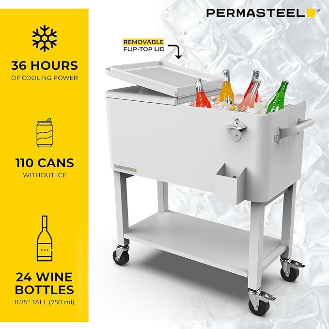 Permasteel Party Cooler with Removable Basin, Spacious 80-Qt Capacity, Rolling Ice Chest for Indoor and Outdoor Entertainment White + Bonus Cover