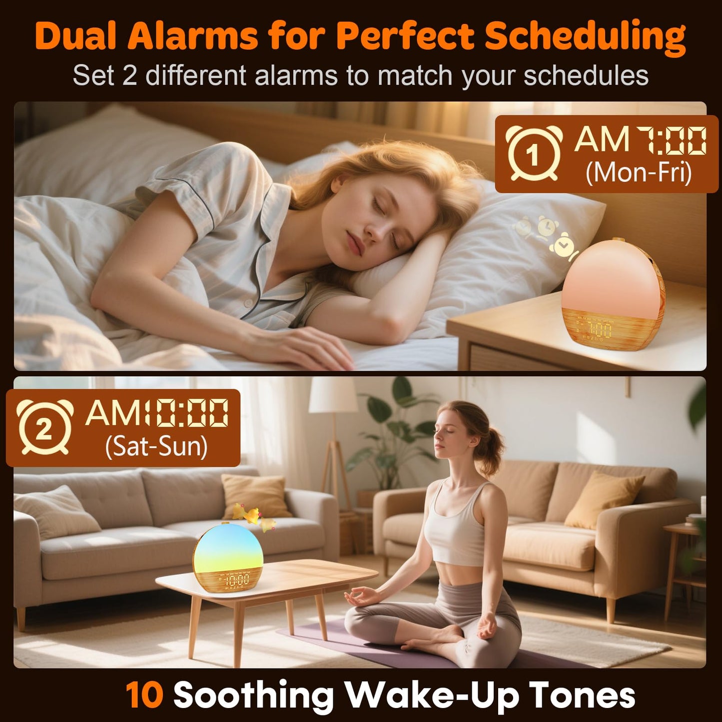 Sunrise Alarm Clock with Sound Machine - Wake Up Light, Wood Grain, Bluetooth, Dual Digital Alarm Clocks for Bedrooms, Adjustable Brightness, 30 Sleep Sounds, White Noise Machine for Baby & Adults