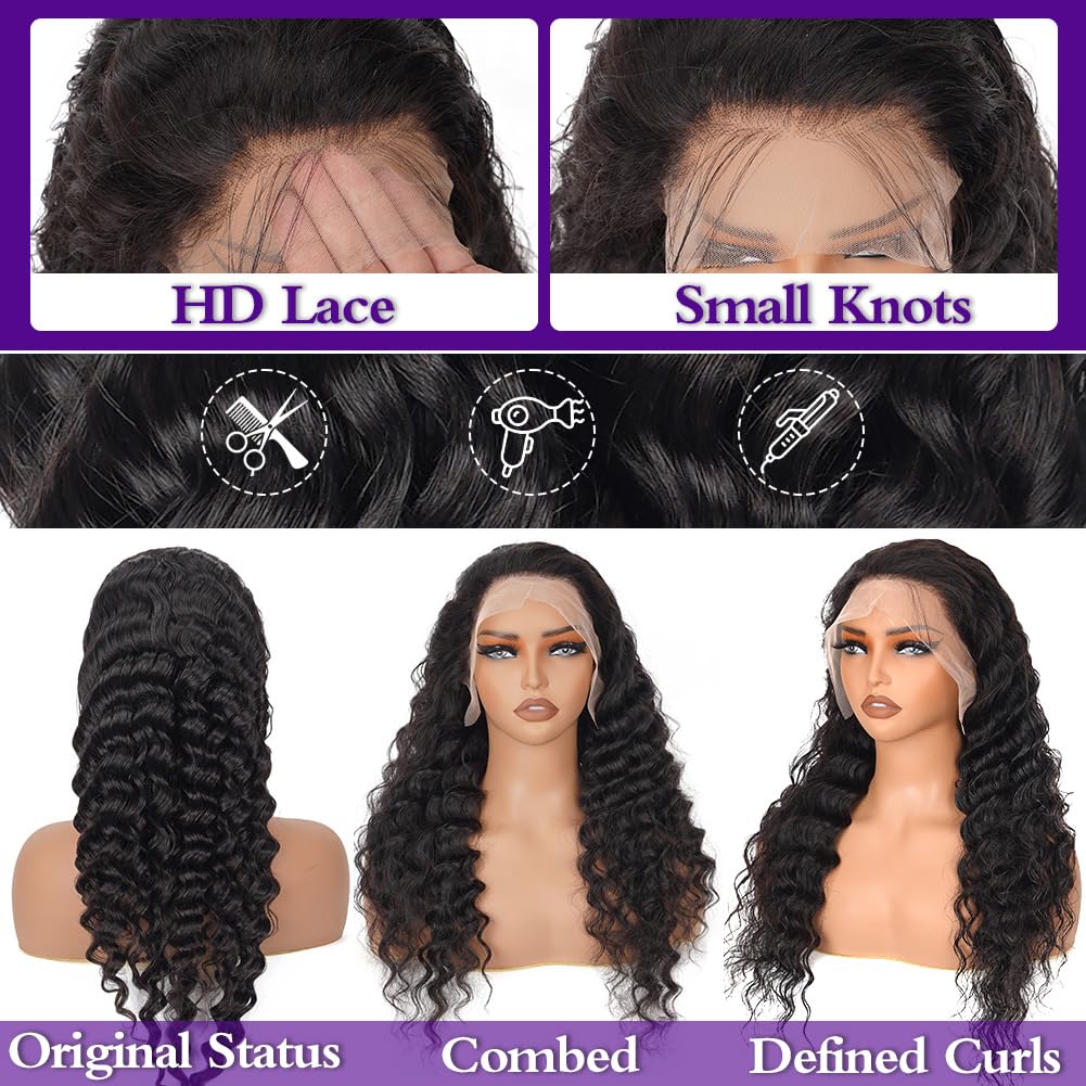 LRV 28 Inch Deep Wave Lace Front Human Hair 13x4 HD Deep Wave Wig For Women Brazilian Frontal Human Hair Waterwave Wet and Wavy Lace Front Wig Pre Plucked 180 Density