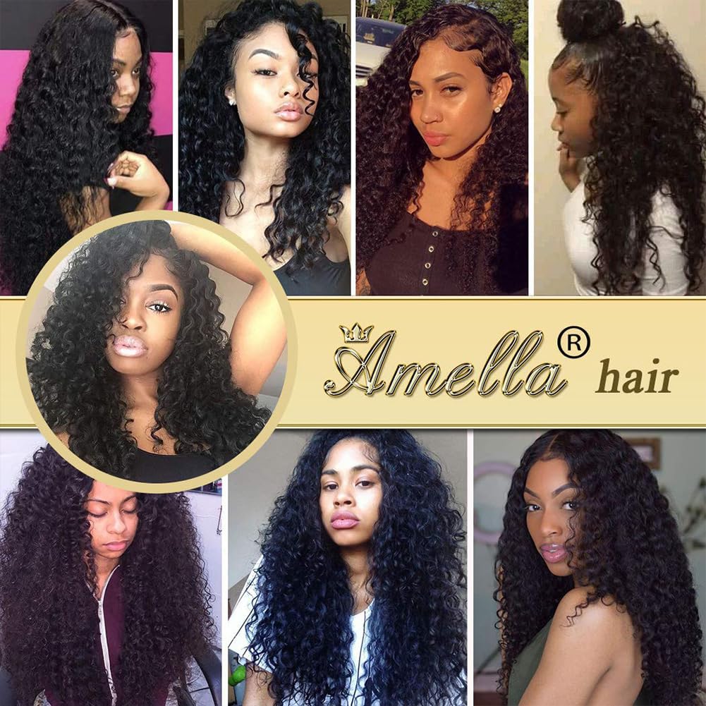 Amella Hair Deep Wave 3 Bundles with Frontal Ear to Ear Lace Frontal Closure with Bundles Brazilian Virgin Hair with Closure Human Hair Extensions (14 16 18+12inch)