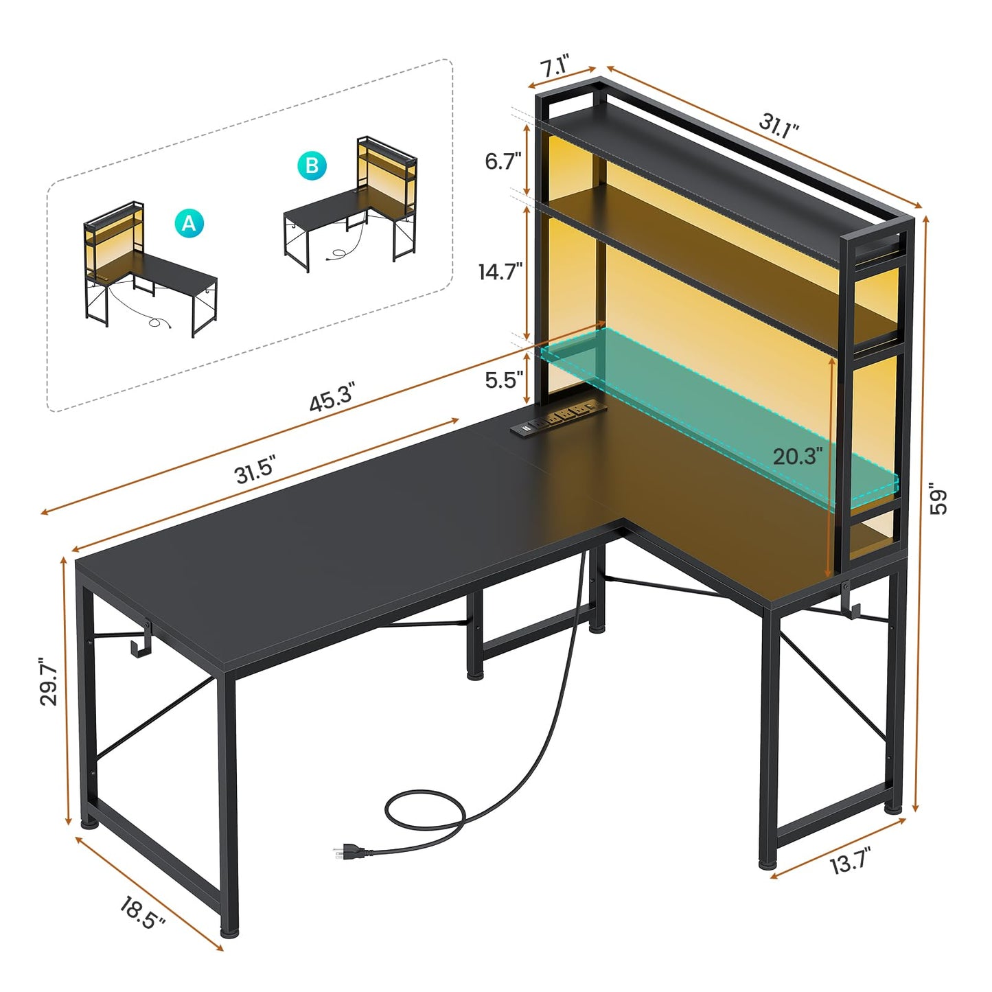 SEDETA L Shaped Gaming Desk, Reversible 45.3” Small Corner Desk with Power Outlet and LED Lights, Corner Gaming Desk with Storage Shelves, Hooks for Small Space, Black