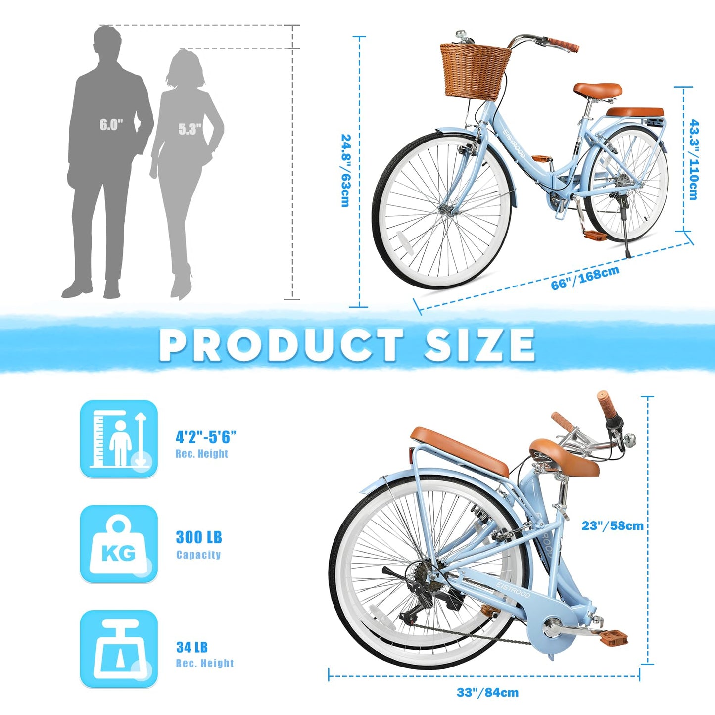 kaiwrxin 26 Inch Folding Beach Cruiser Bike for Women, 7-Speed Ladies Bike with Basket & Rack, Perfect for City Commuting's Bicycle, Ideal for Women and Adults (Blue, 26")