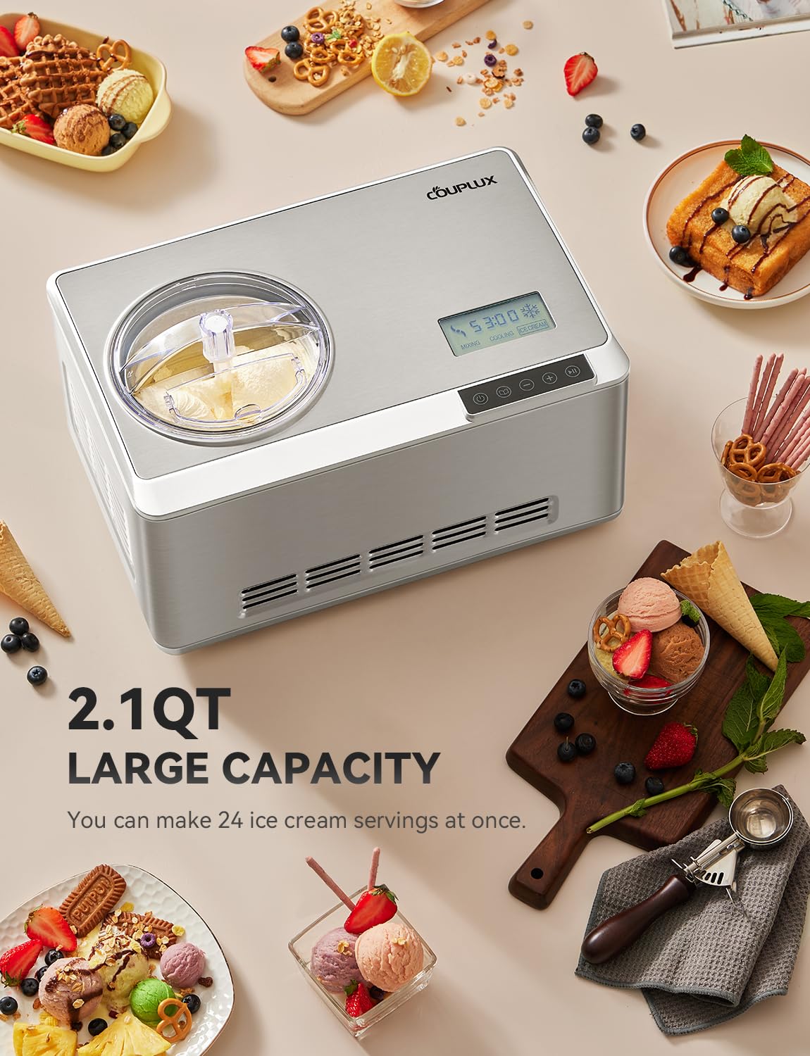 COUPLUX Ice Cream Maker, Smallest Size & Fast Freezing 2.1QT Ice Cream Machine with Built-in Compressor Easy Operate & Clean Automatic Ice Cream Maker Machine with All Stainless Steel, LCD Display