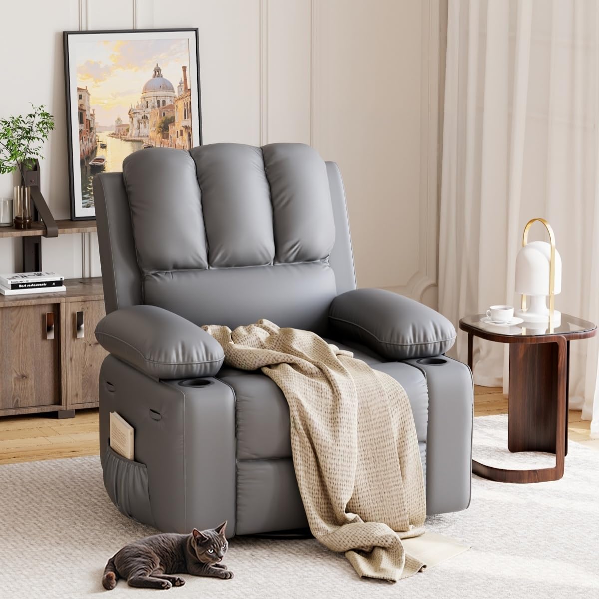 GarveeHome Recliner Chairs with Heat and Massage - 360° Swivel Lazy Recliner Chair for Adults- Manual Rocking Chair with Cup Holder for Living Rooms, Bedrooms and Nurseries - Grey