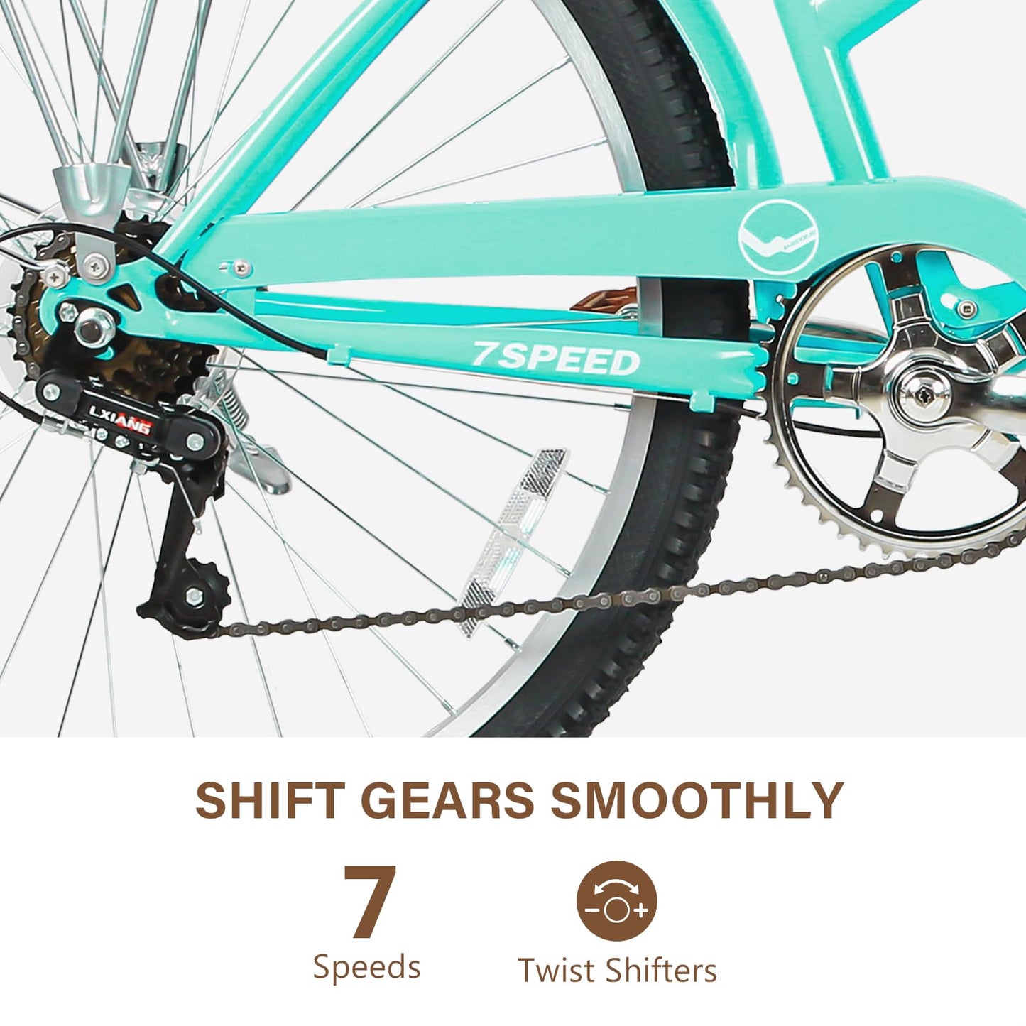 WEIZE Beach Cruiser Bike, 26 inch Commuter Bicycle for Adult Men and Women, 7-Speed/High-Carbon Steel/Front & Rear Fenders, Comfortable City Bikes with Rear Rack&Basket, Ergonomic Upright Design,Teal