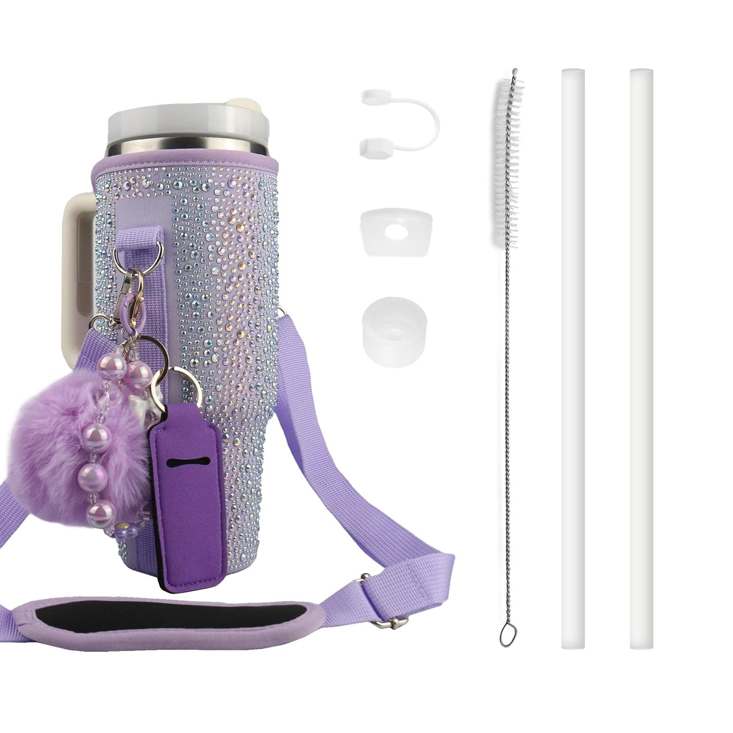 Water Bottle Carrier Bag for Stanley 40oz Tumbler - Stanley Cup Bag with Adjustable Strap, Straw Cover & Pompom Keychains - Stanley Cup Accessories, Purple Diamond