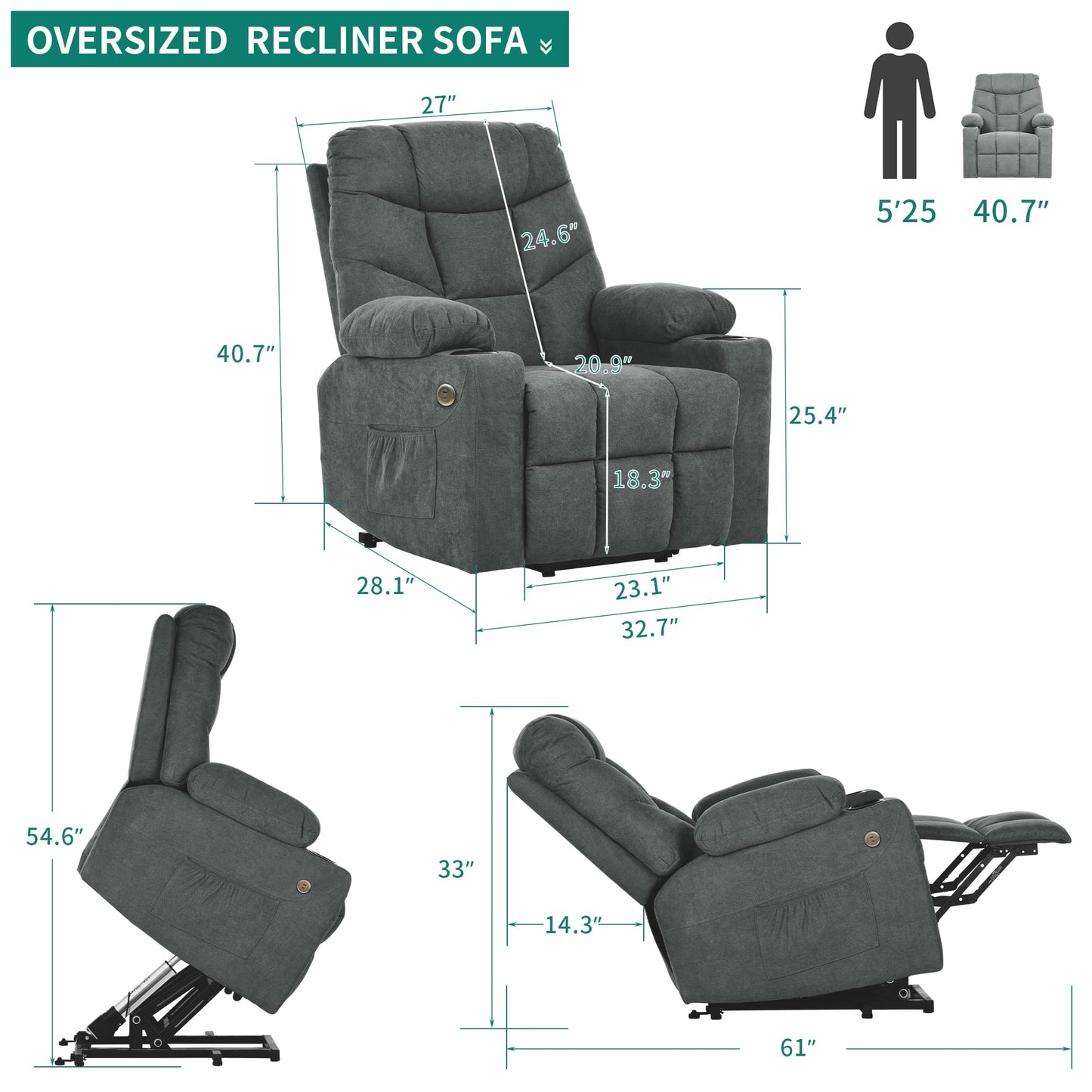 YITAHOME Power Lift Recliner Chair, Modern Fabric Recliner Chair with Massage and Heat, Spacious Seat, USB Ports, Cup Holders, Remote Control, Suitable for Living Room Dark Grey2