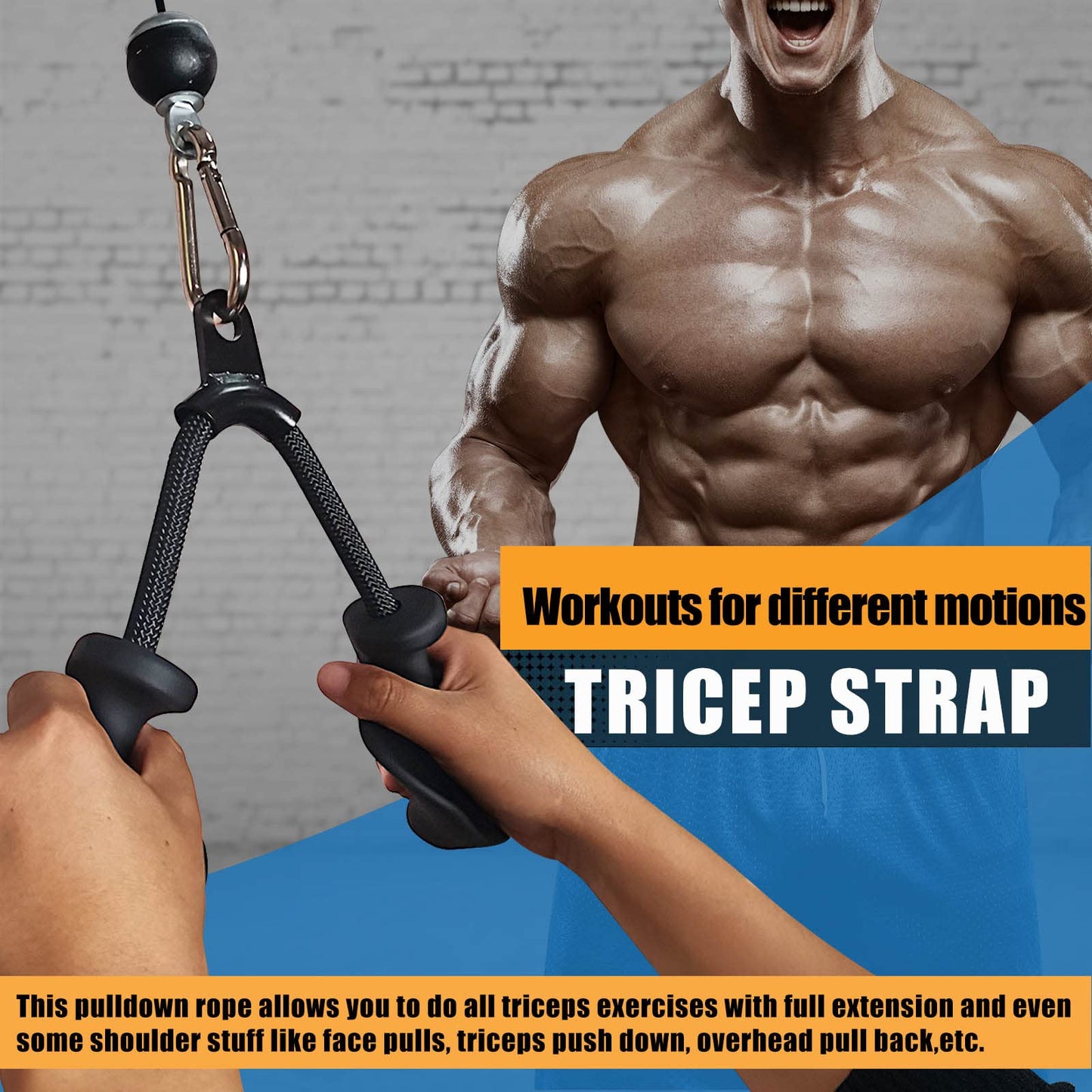 Ergonomic Tricep Rope Pull Down Attachment, Upgraded Long Triceps Rope Cable Attachments for Gym, LAT Pull Down Bar for Cable Machine, Tricep LAT Pulldown Workout Cable Attachments (Hand ROPE-01)