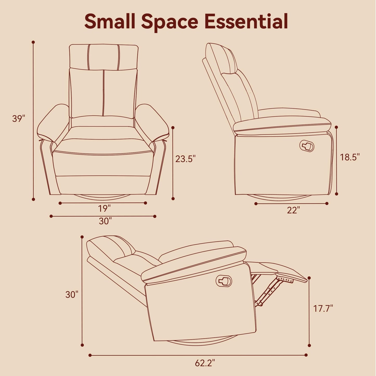 Rocking Recliner with 360° Swivel, Stress Relief Rocker Glider Reclining with Lumbar Support, Adjustable Backrest and Footrest for Nursery Living Room Bedroom Small Spcaes, Faux Leather (Mocha)