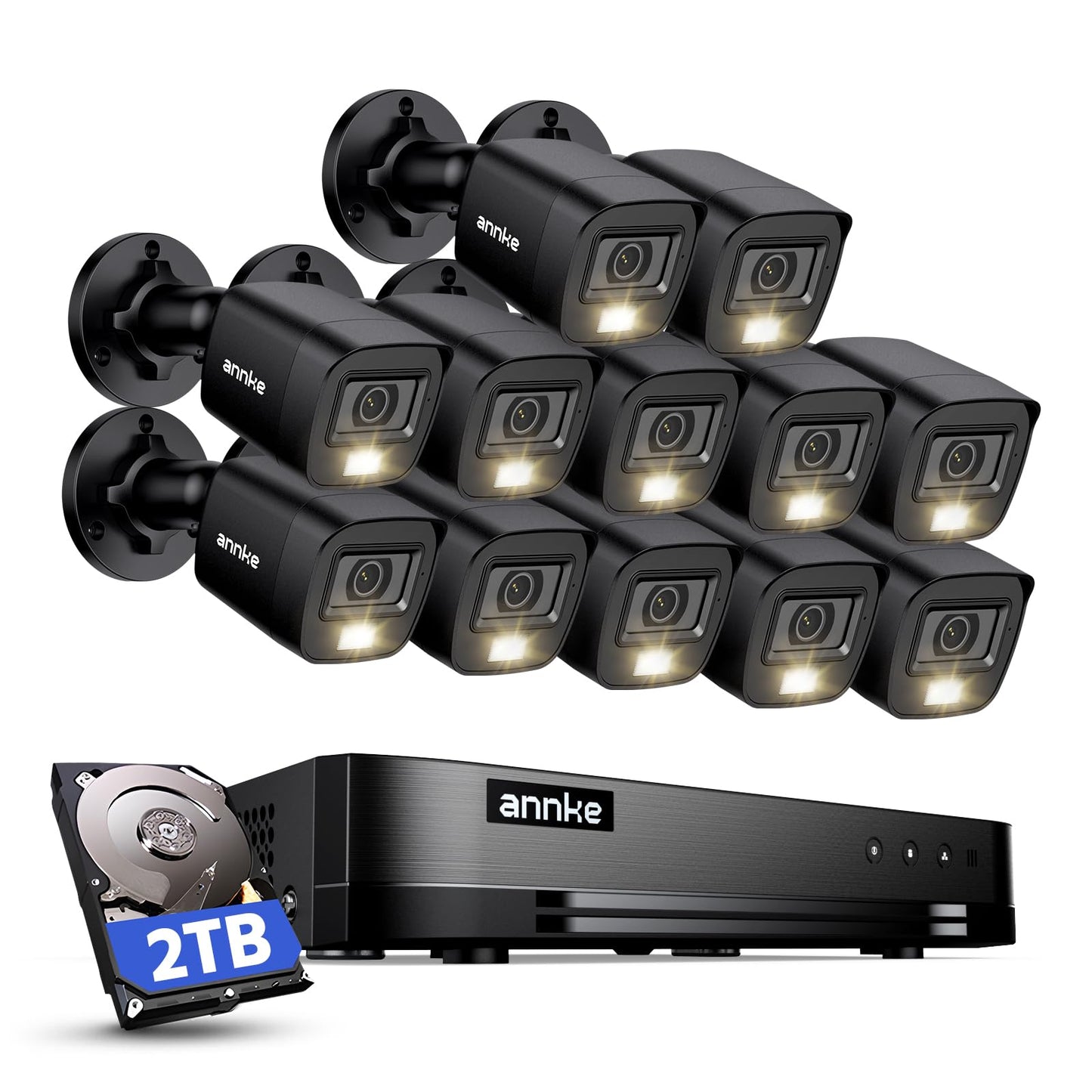 ANNKE 16 Channel Security Camera System HD-TVI 1080P Lite Video DVR and (12) 2.0MP Outdoor IP67 Cameras with Smart Dual Light, AI Human/Vehicle Detection, Color Night Vision, 2 TB Hard Drive