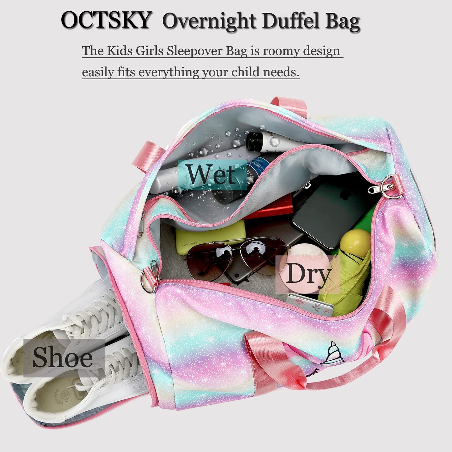 Dance Ballet Bag Girls Gymnastics Bag Overnight Duffle Bag Unicorn Sports Gym Bag with Shoe Compartments, Teens Sleepover Carry On Bag