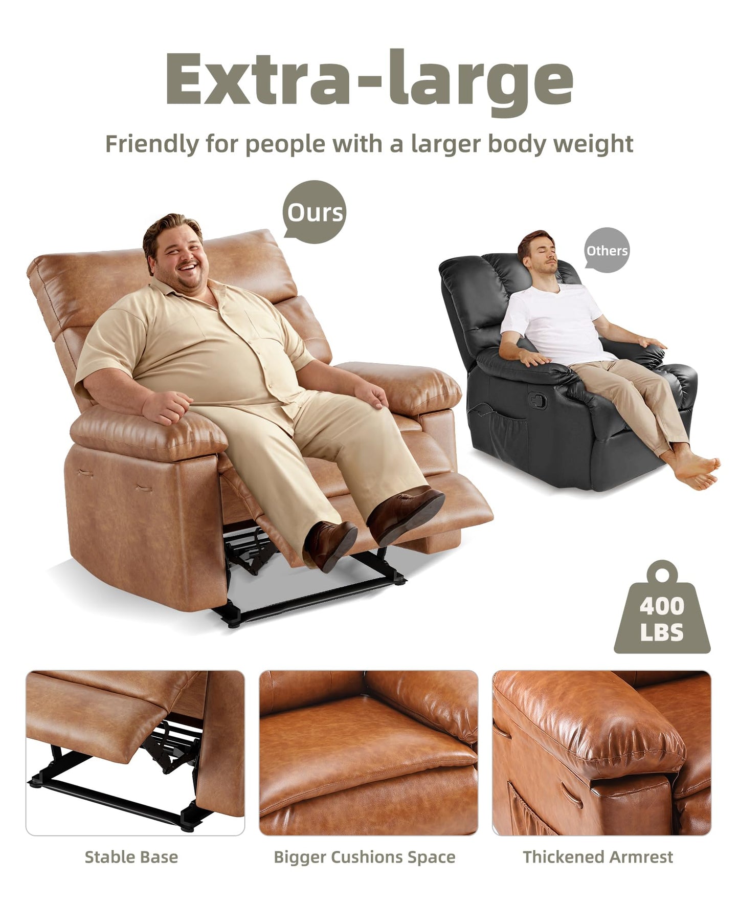 GarveeHome Oversized Wide Recliner Chair - Heat and Massage, Faux PU Leather Large Manual Recliner for Adults, Lazy Chair with 1.5X Sponge Comfort Arm and Back for Living Room, Bedroom