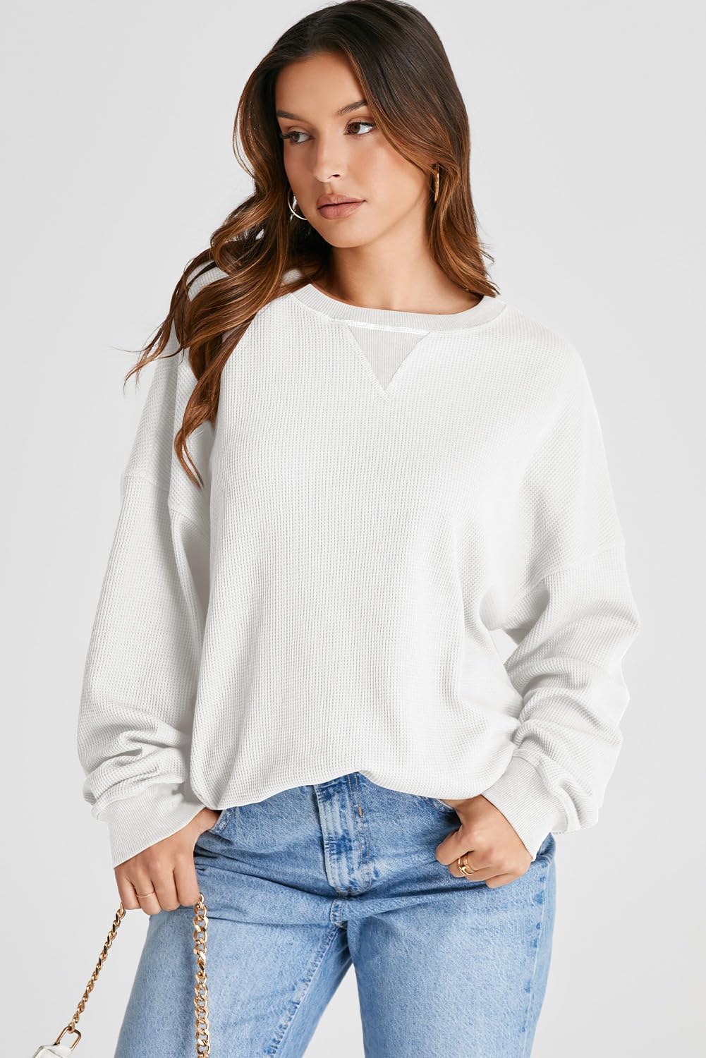 AlvaQ Women Sweatshirt 2024 Casual Long Sleeve Drop Shoulder Waffle Knit Overszied Sweatshirts Pullover Tunic Tops Fall Clothes White X-Large