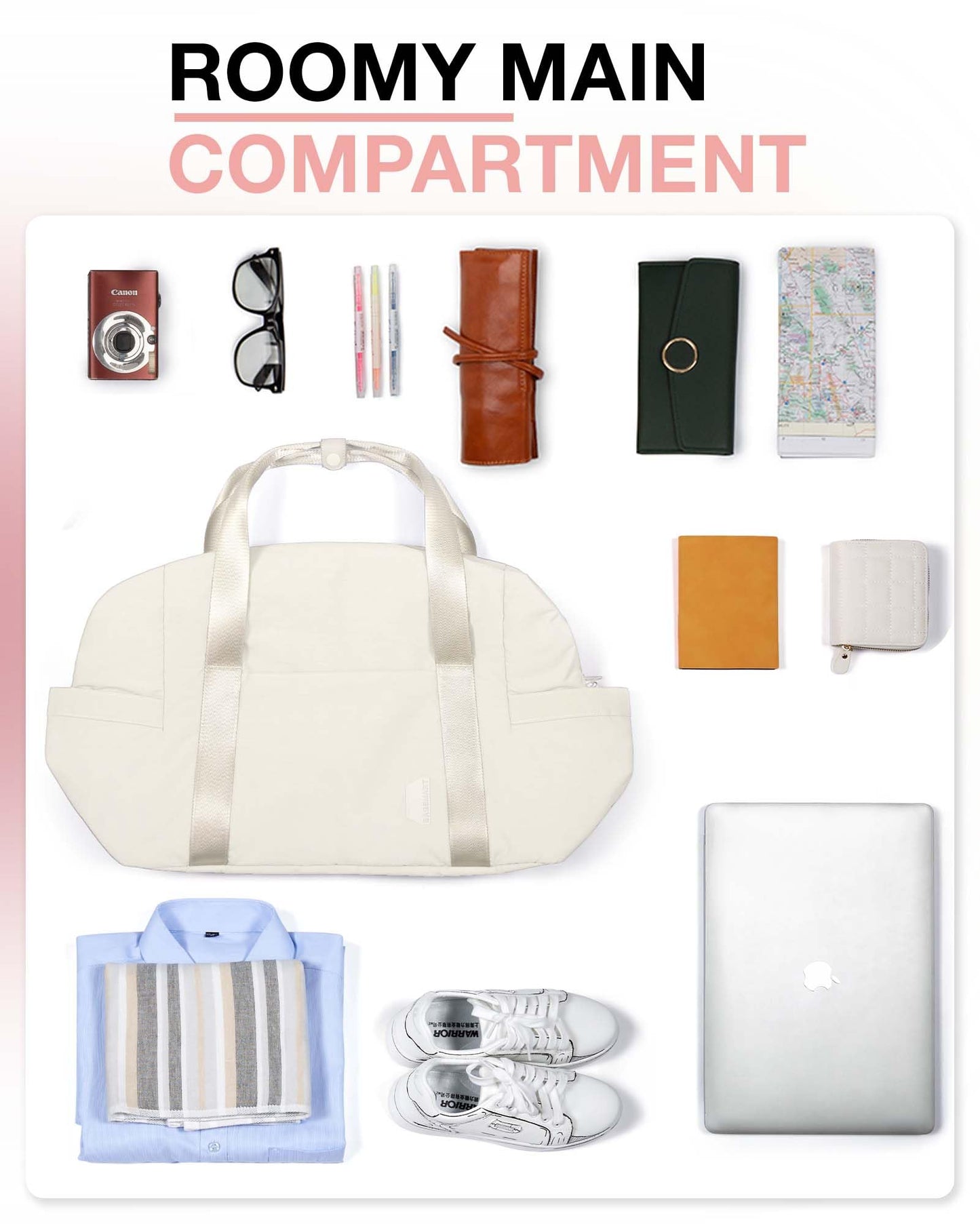 BAGSMART BAGSMART Gym Bag for Women, Carry on Weekender Overnight Bag, Travel Duffel Bags with Trolley Sleeve, Personal Item Travel Bag Tote Bag Workout Dance Bag, Beige-34L