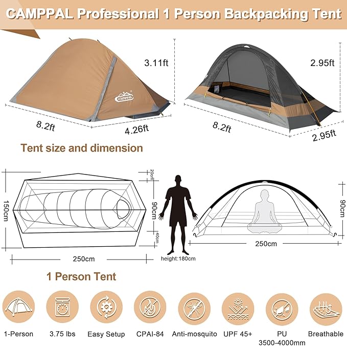 1 Person Tent for Camping Hiking Mountain Hunting Backpacking Tents 4 Season Resistance to Windproof Rainproof and Waterproof