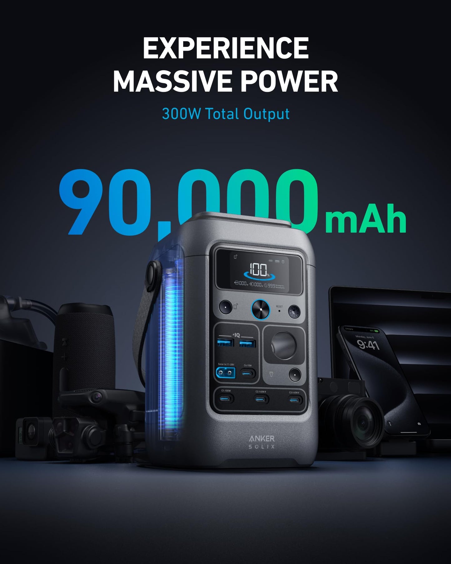 Anker SOLIX C300 DC Power Bank Station, Outdoor 288Wh (90,000mAh), Portable Power Station for Multiple Devices, LiFePO4 Battery, 300W Solar Generator, for Camping, Traveling, and Emergencies (Renewed)