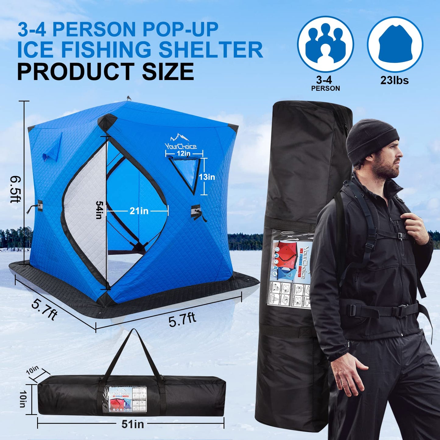Your Choice Pop Up 3-4 Person Ice Fishing Shelter, Fully Insulated Ice Fishing Shelter, with Insulated Layer to Windproof and Warm Ice Fishing Tent, Ice Fishing Gear and Equipment - Color Blue